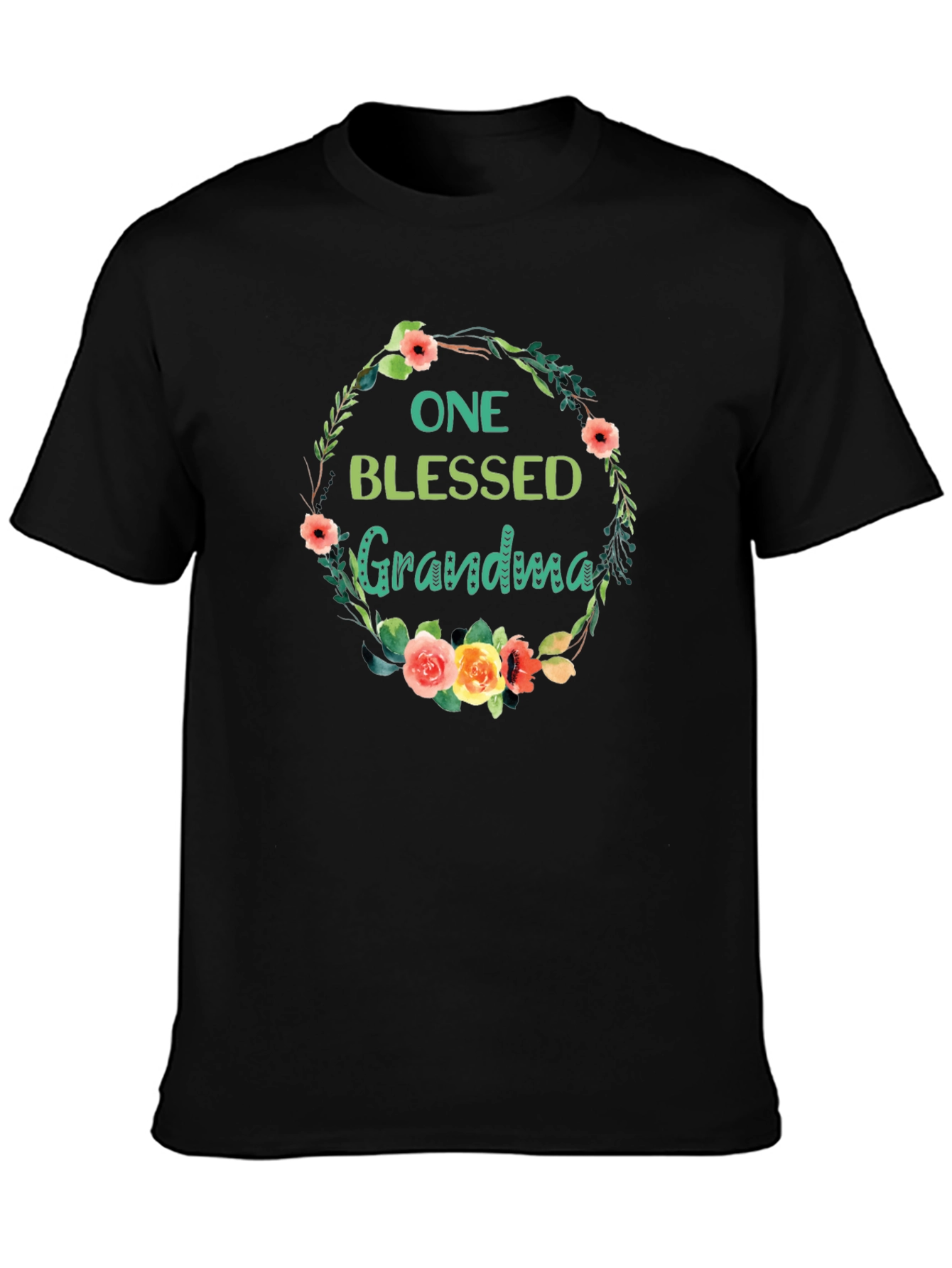 Blessed Grandma Floral Wreath Black T-Shirt