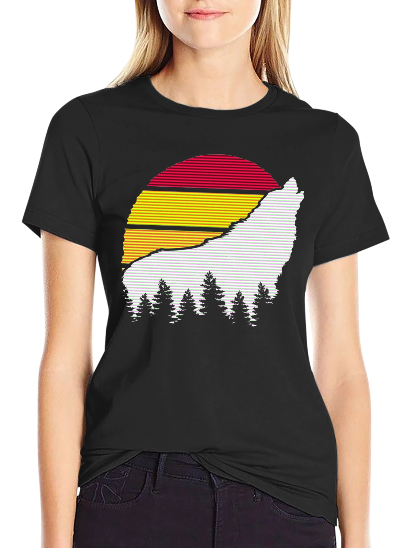 Retro Wolf Sunset Graphic Tee - Black Cotton Blend