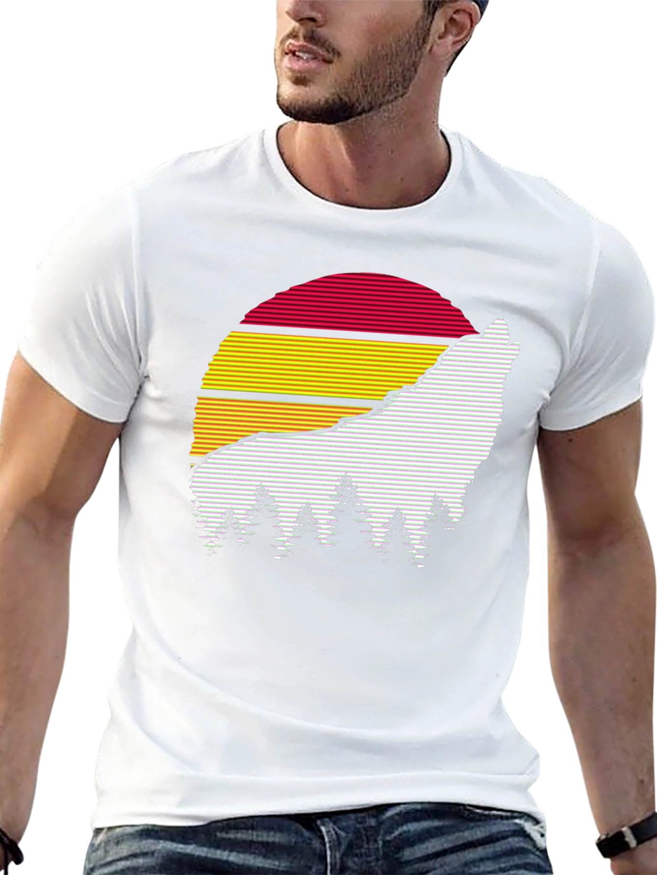 Retro Wolf Sunset Graphic Tee - Black Cotton Blend