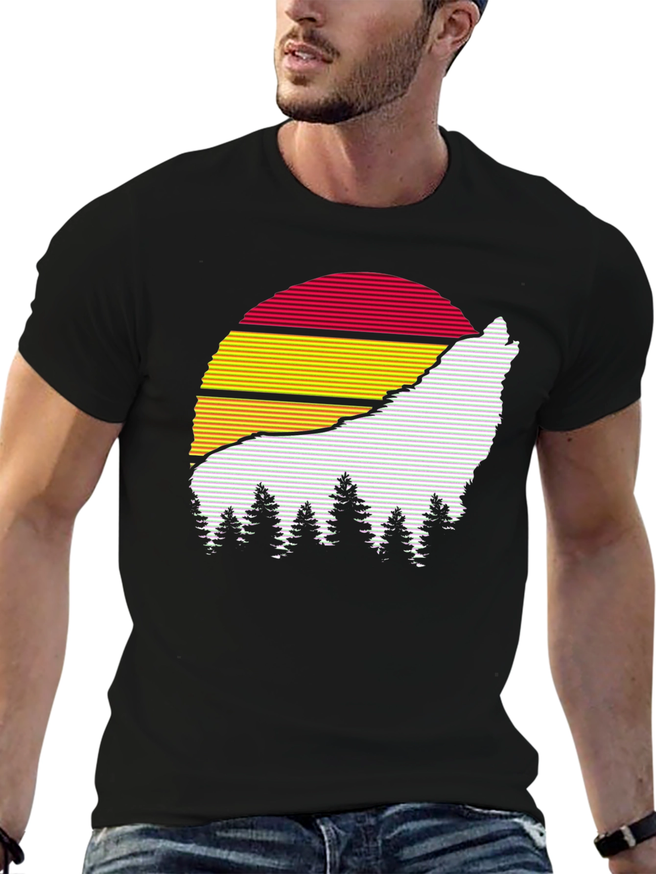 Retro Wolf Sunset Graphic Tee - Black Cotton Blend