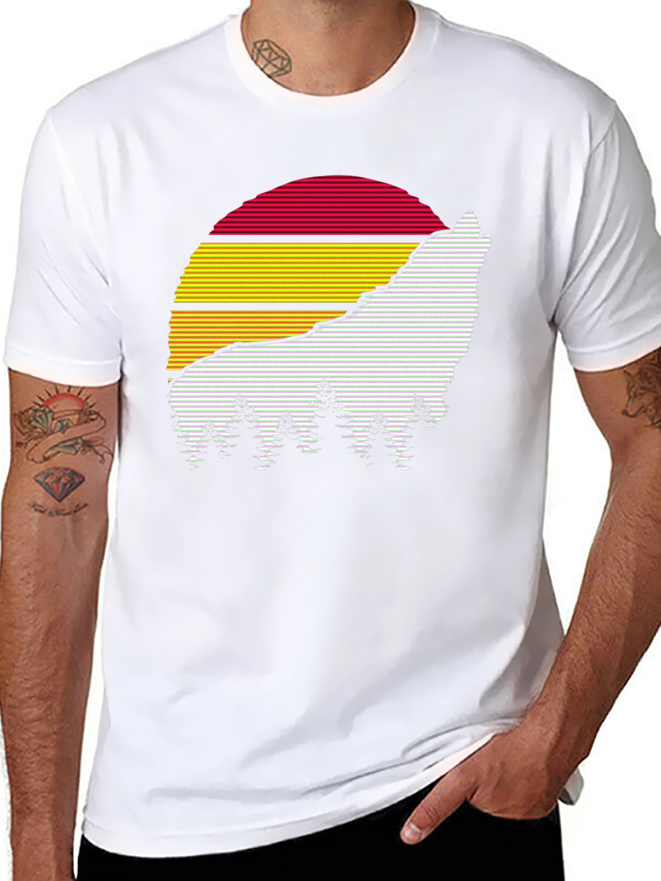Retro Wolf Sunset Graphic Tee - Black Cotton Blend