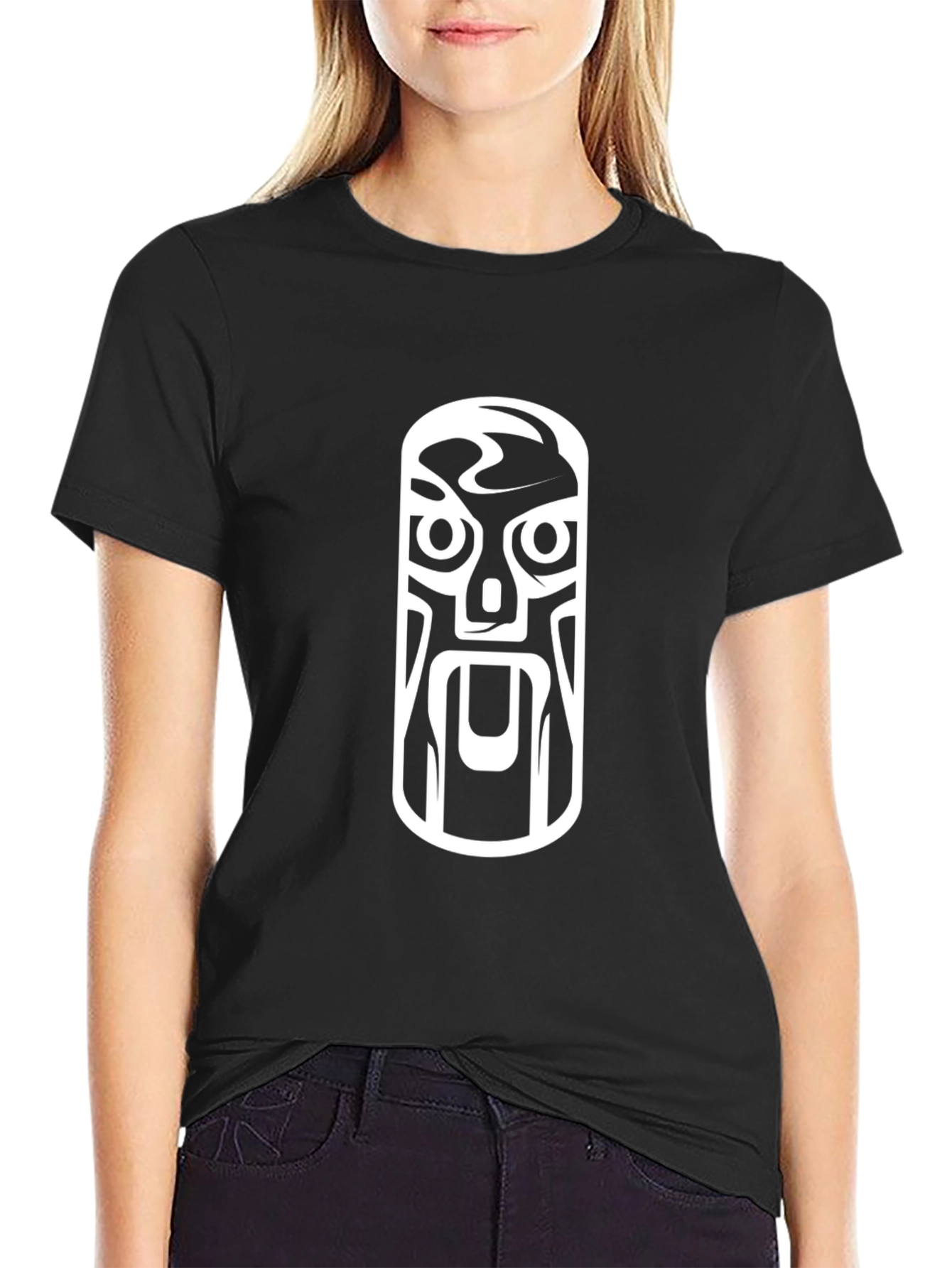 Tribal Mask Graphic Tee - Black Cotton T-Shirt