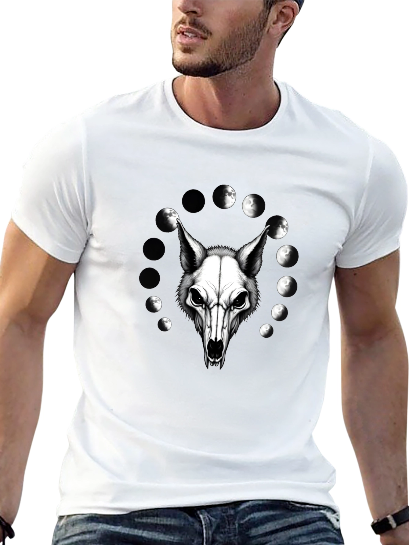 Lunar Wolf Skull T-Shirt - Gothic Moon Phase Design
