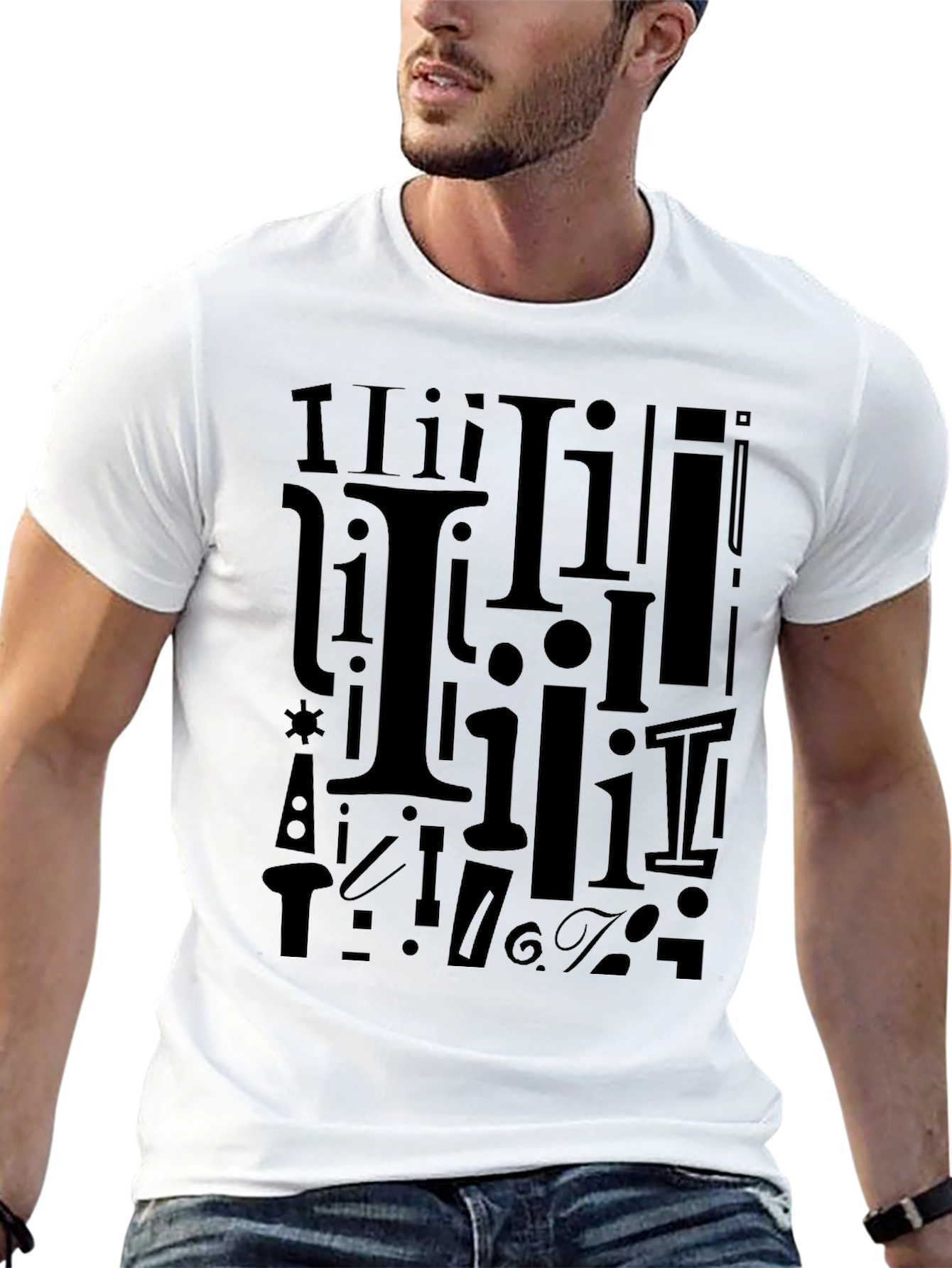 I Pattern Black Crew Neck T-Shirt