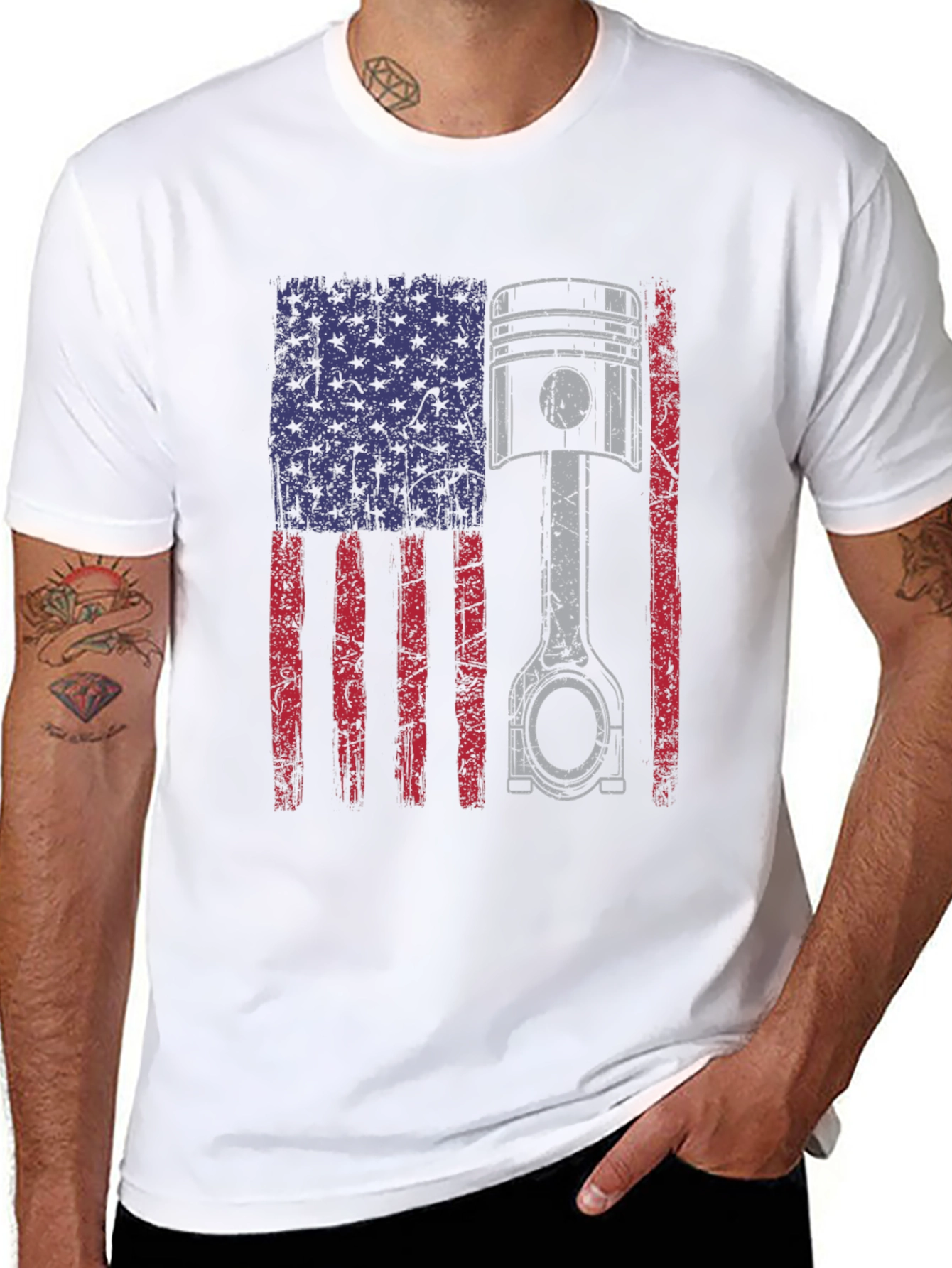 American Flag Piston T-Shirt - Automotive Enthusiast Apparel