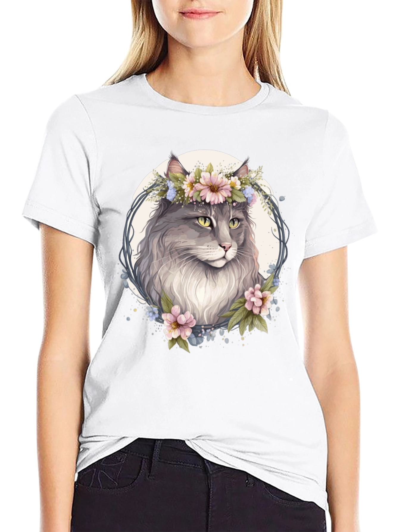 Floral Cat Graphic Black T-Shirt