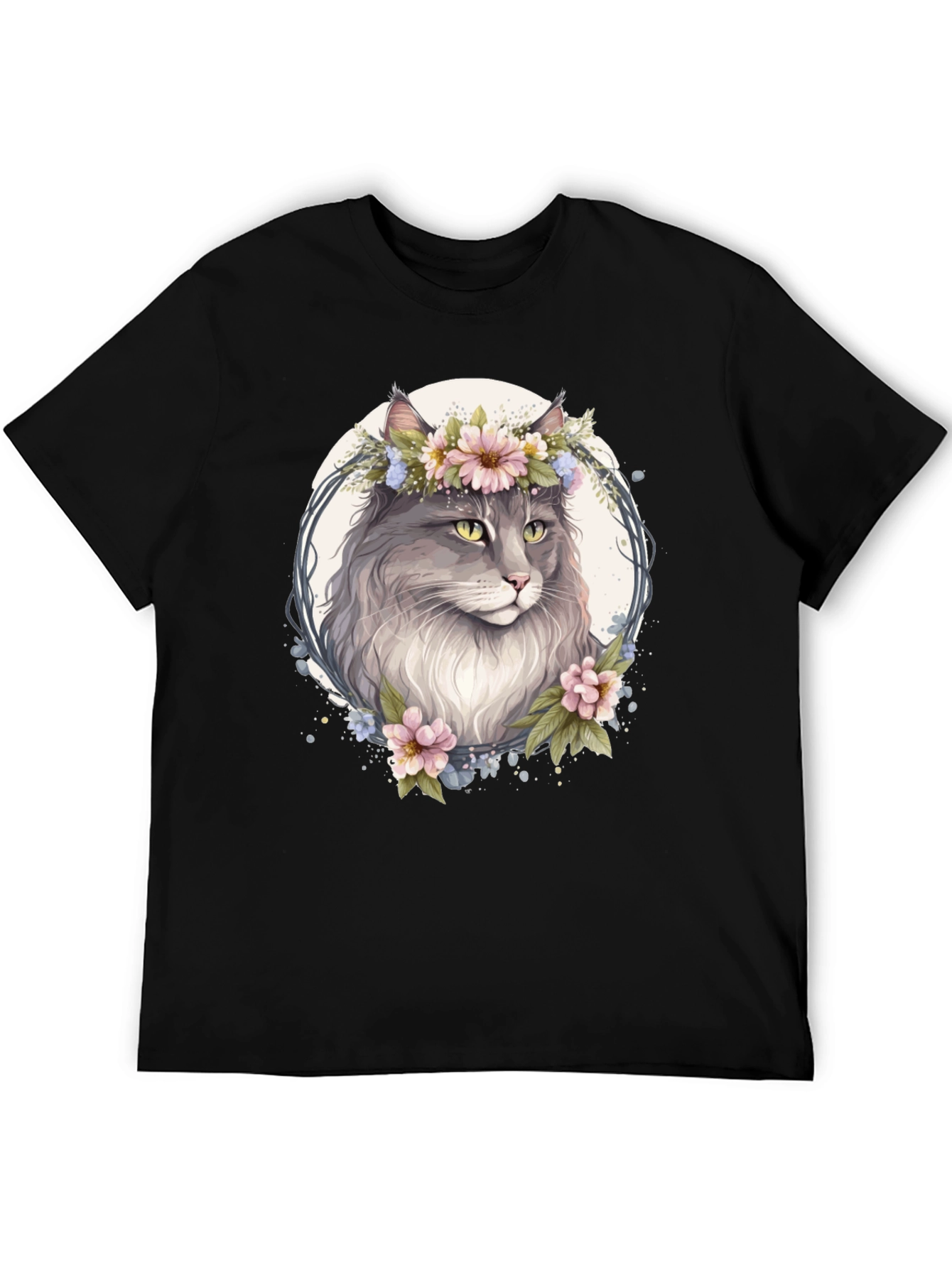 Floral Cat Graphic Black T-Shirt