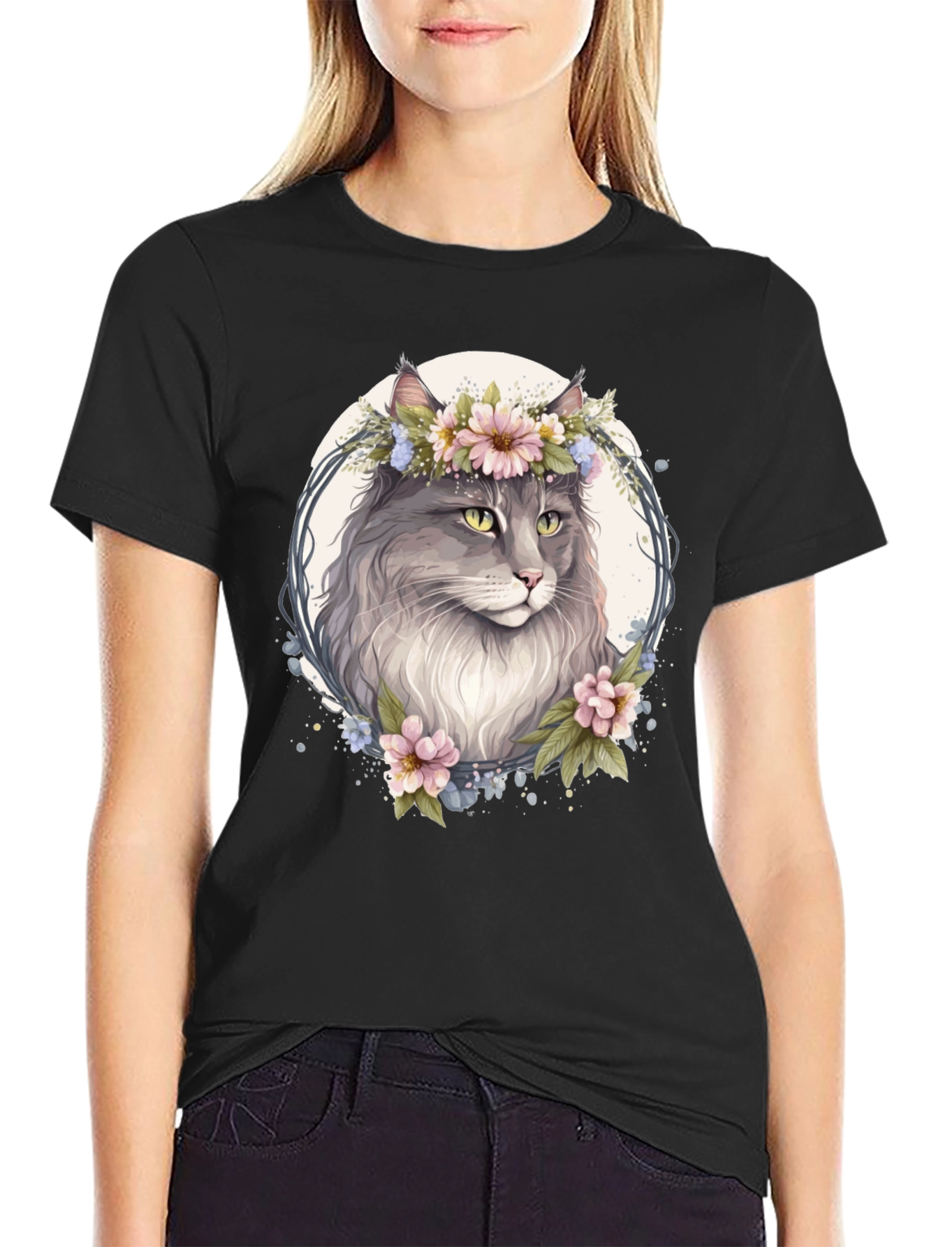 Floral Cat Graphic Black T-Shirt