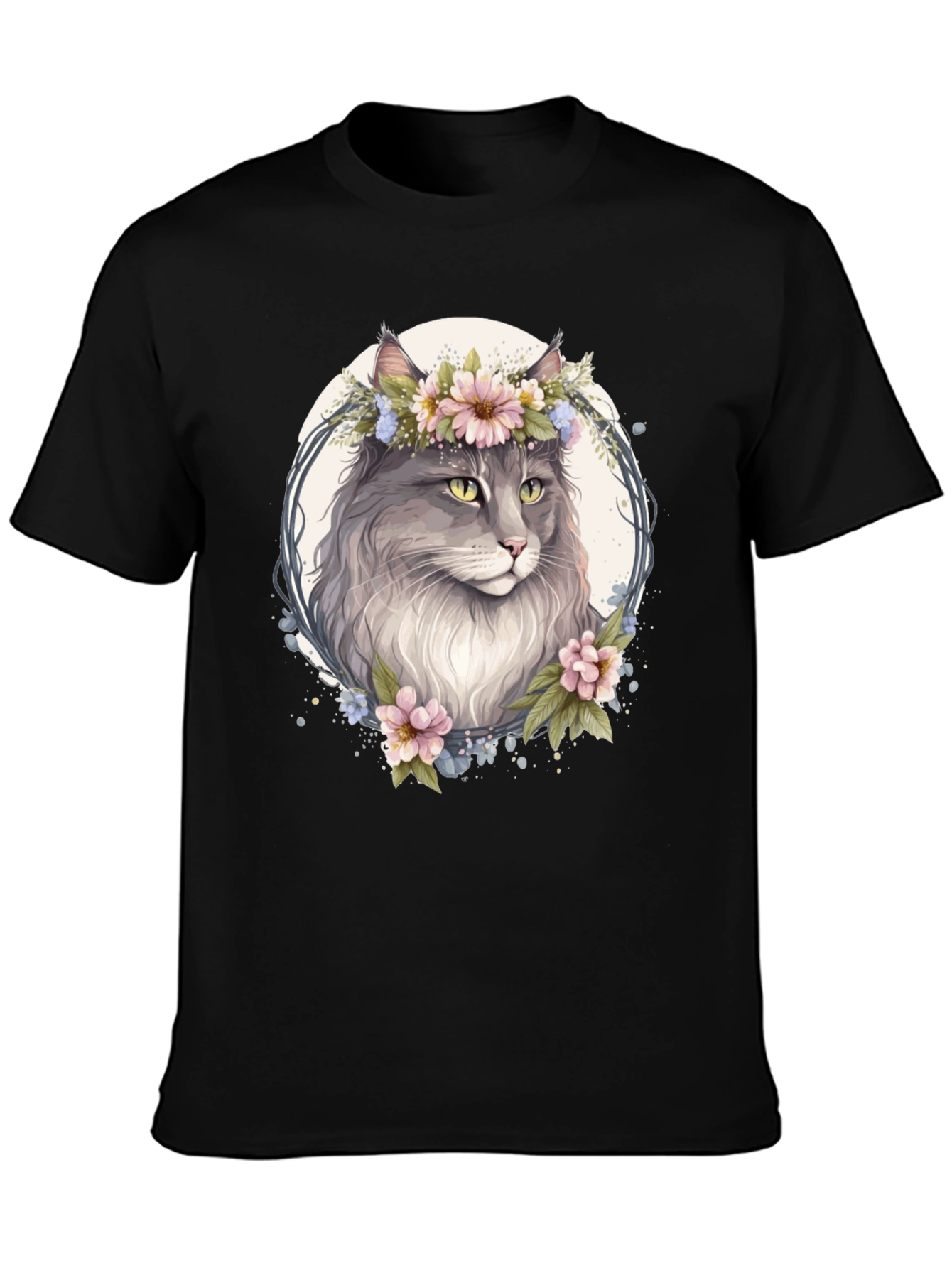 Floral Cat Graphic Black T-Shirt