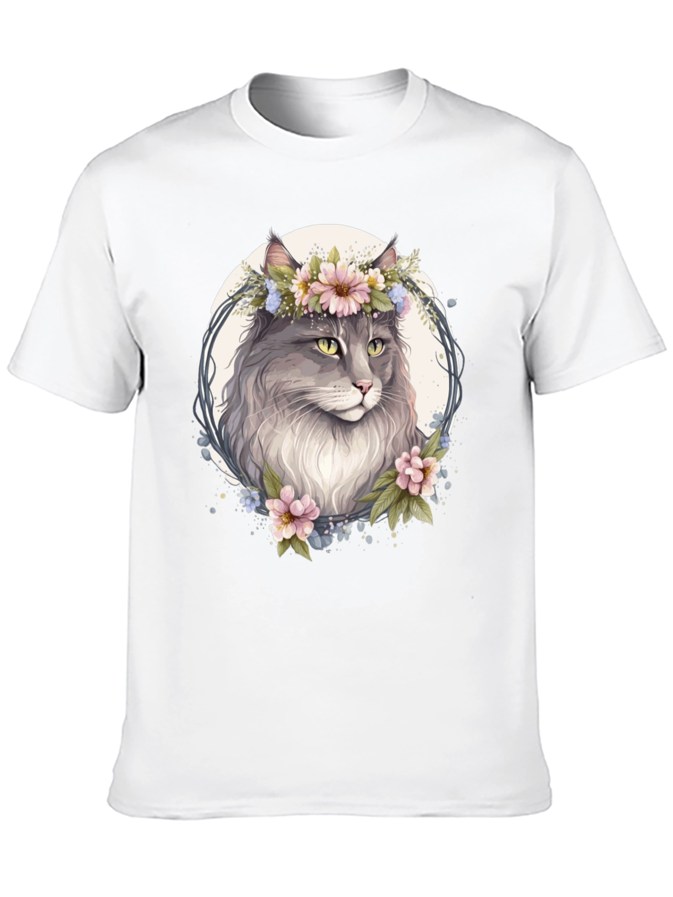 Floral Cat Graphic Black T-Shirt
