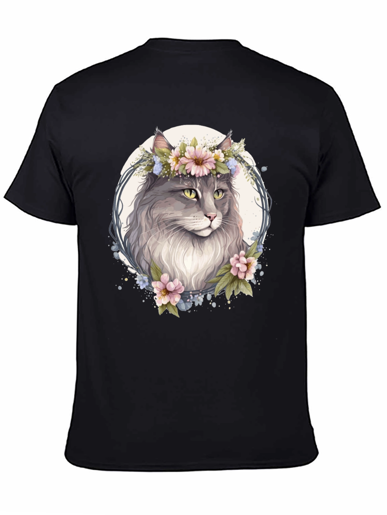 Floral Cat Graphic Black T-Shirt