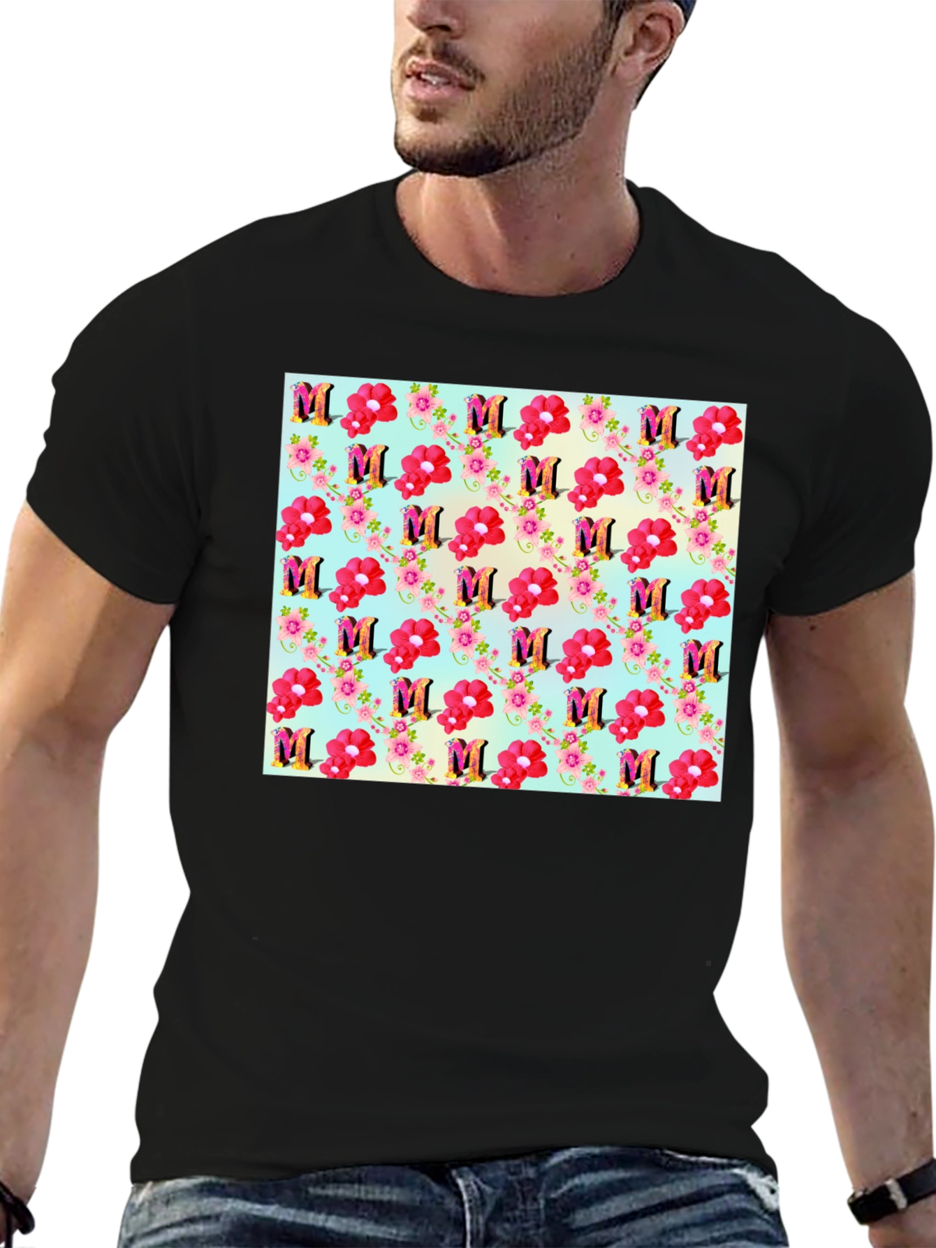 Floral M Patterned Black T-Shirt