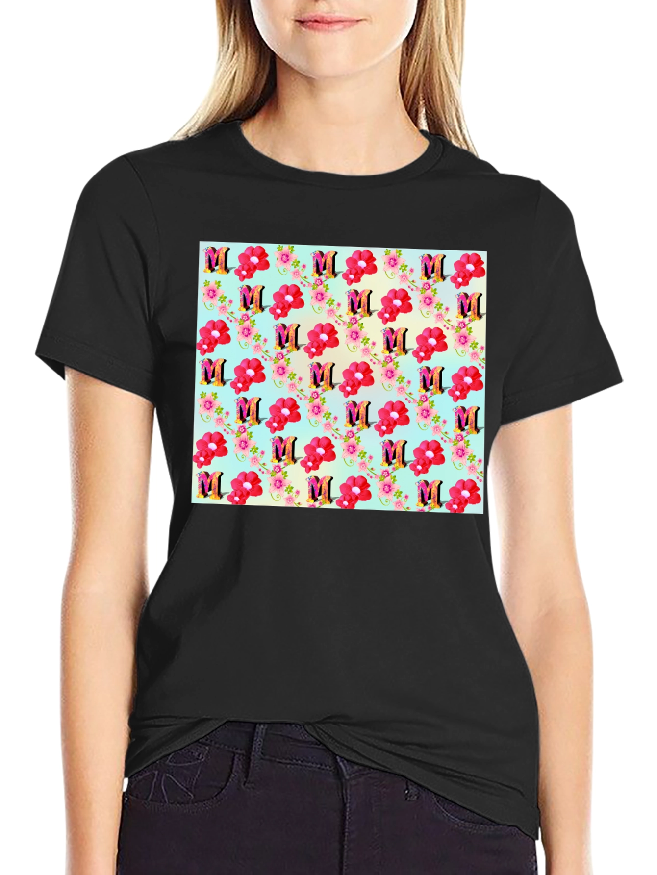 Floral M Patterned Black T-Shirt