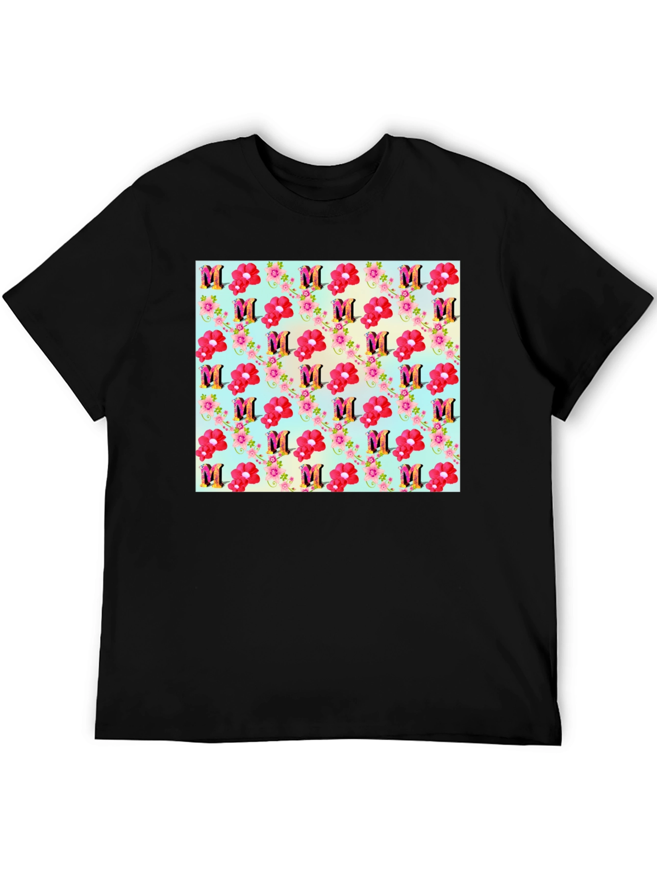 Floral M Patterned Black T-Shirt