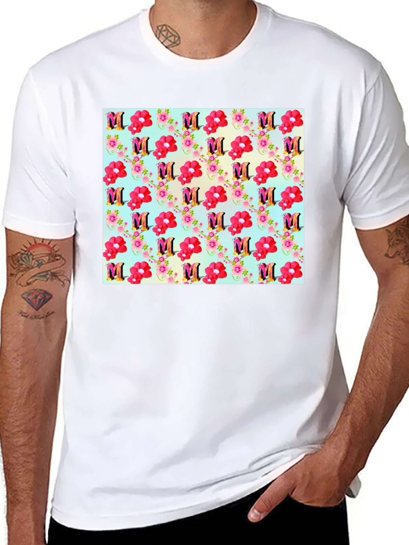 Floral M Patterned Black T-Shirt