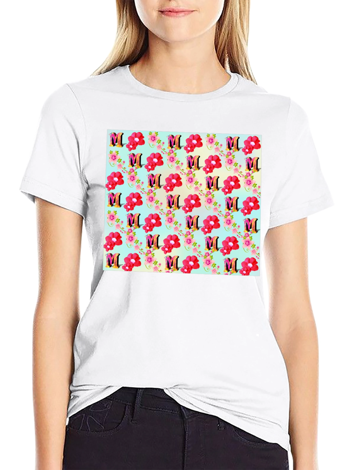 Floral M Patterned Black T-Shirt