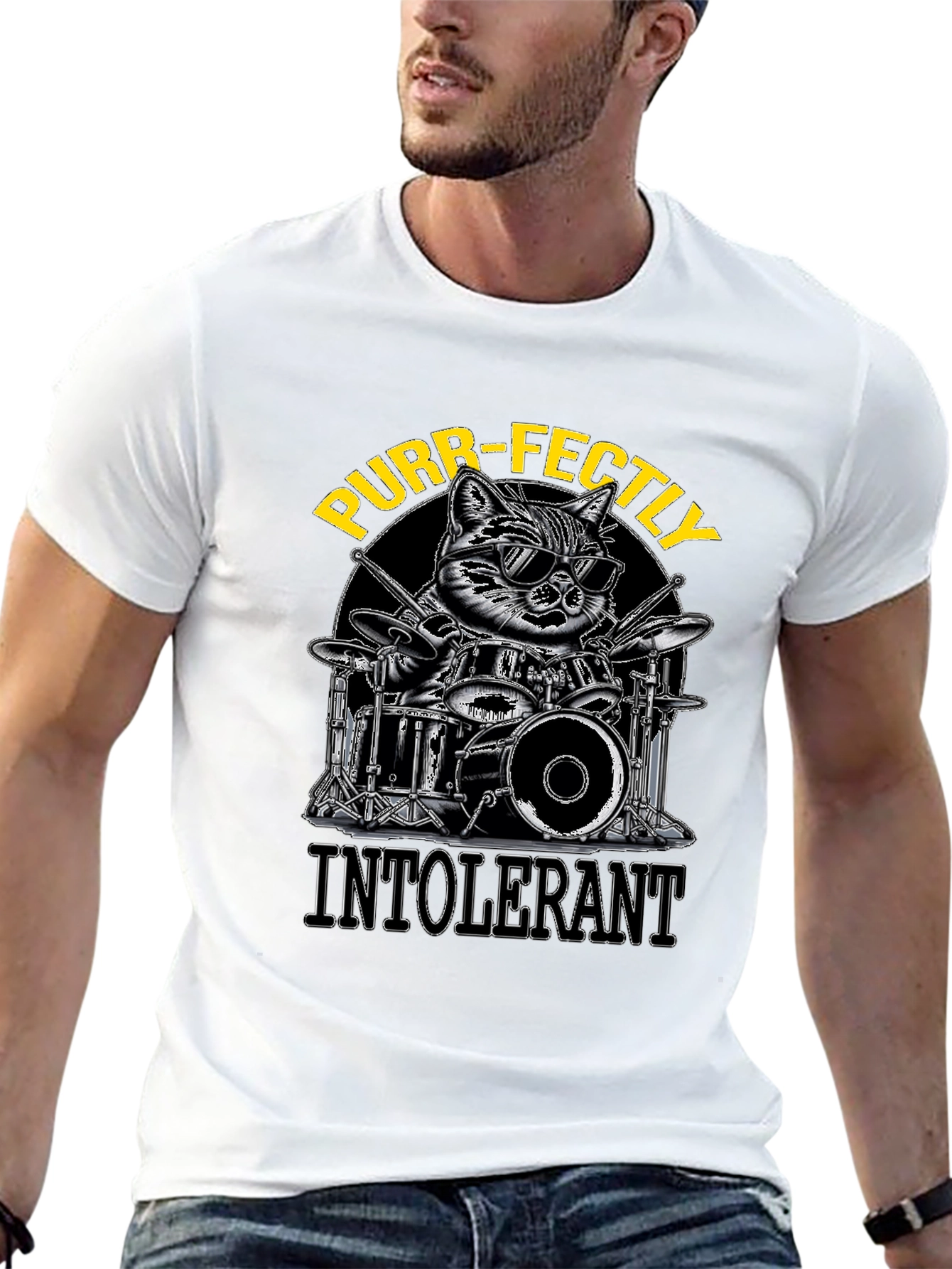 Purr-fectly Intolerant Cat Drummer T-Shirt