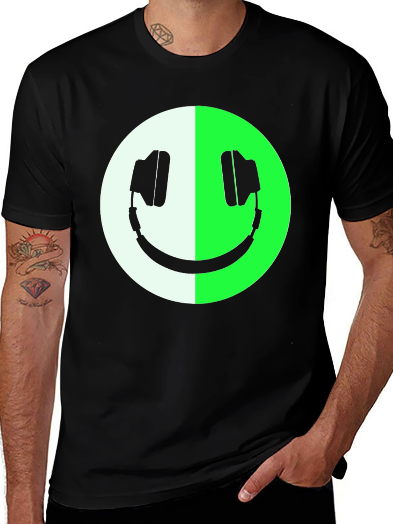 Headphone Smiley Face Graphic Tee - Black