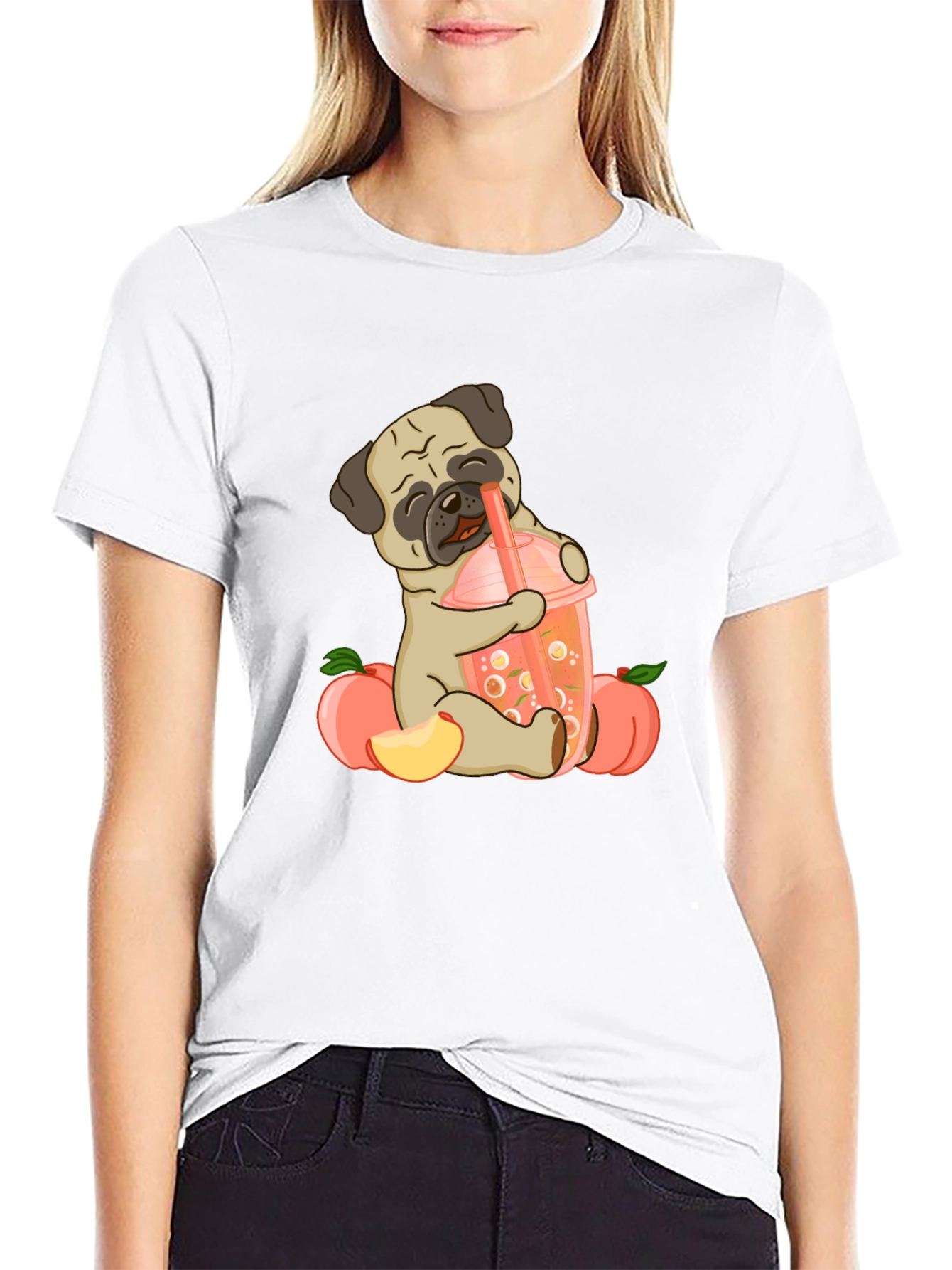 Cute Pug Peach Boba T-Shirt
