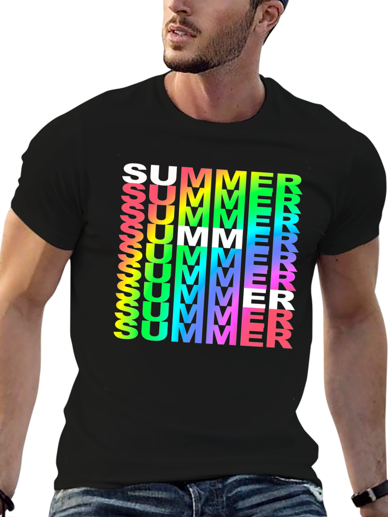 Summer Vibes Graphic Tee - Rainbow Text Black Shirt