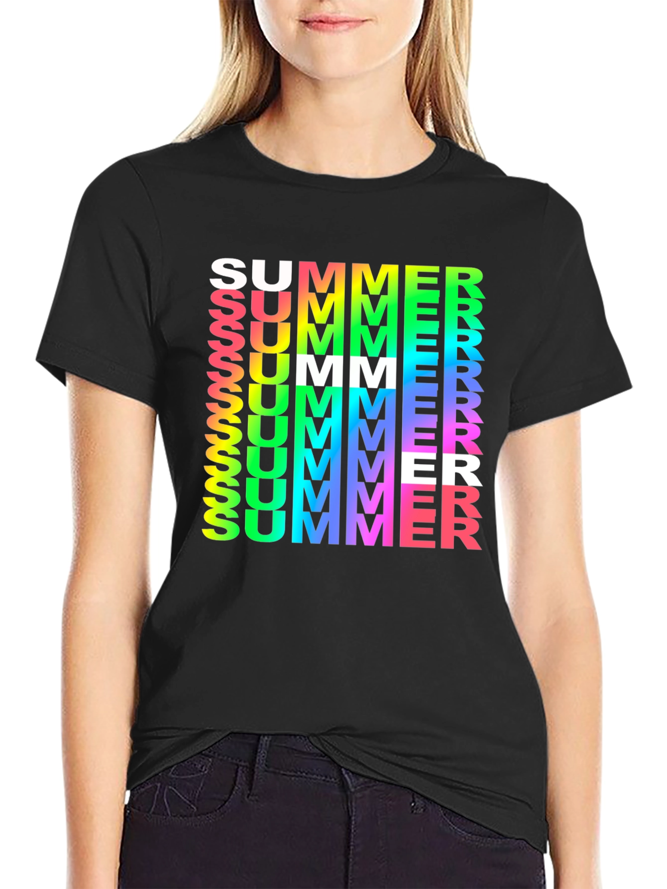 Summer Vibes Graphic Tee - Rainbow Text Black Shirt