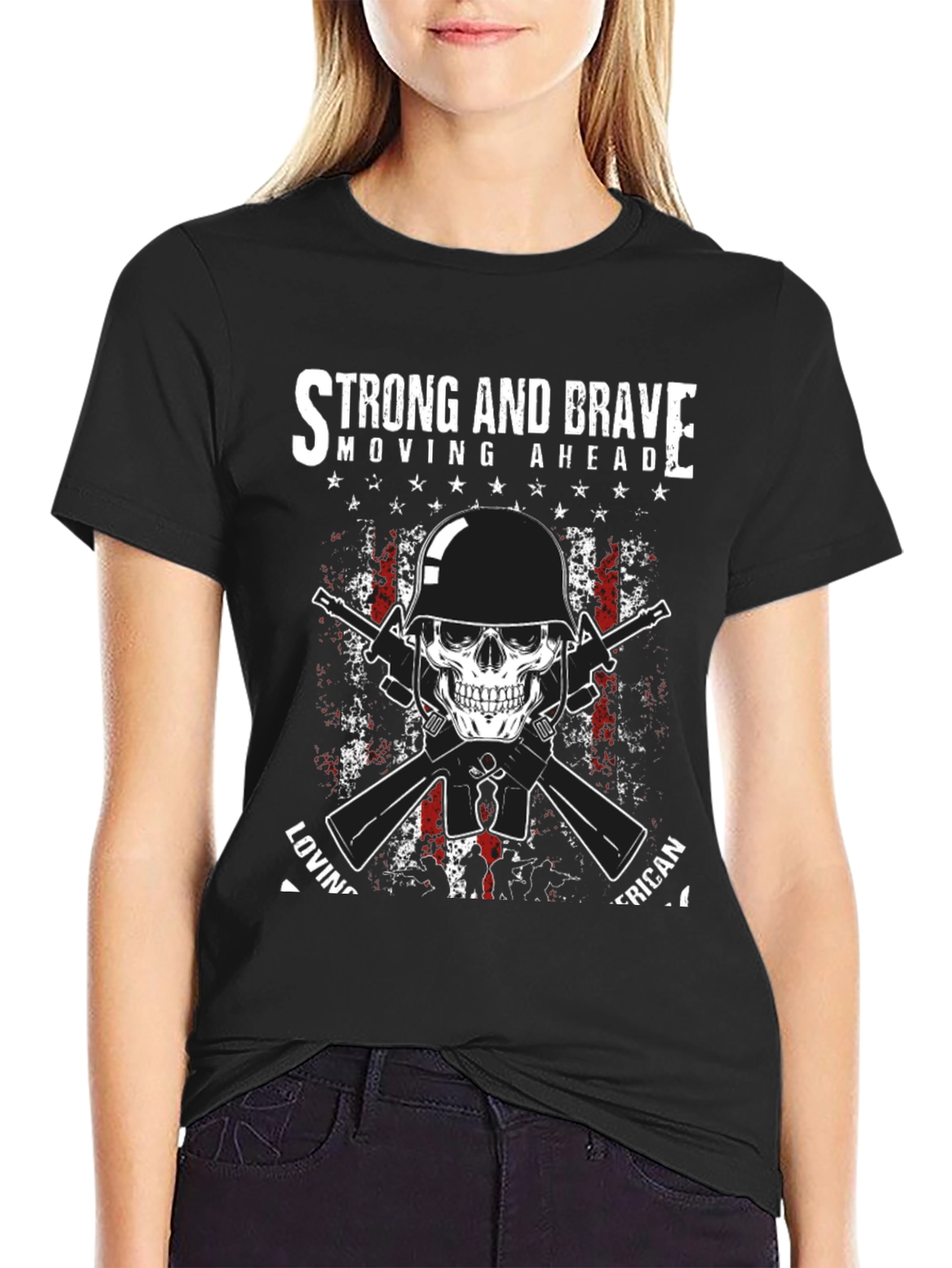 Strong & Brave Patriotic Skull Graphic T-Shirt