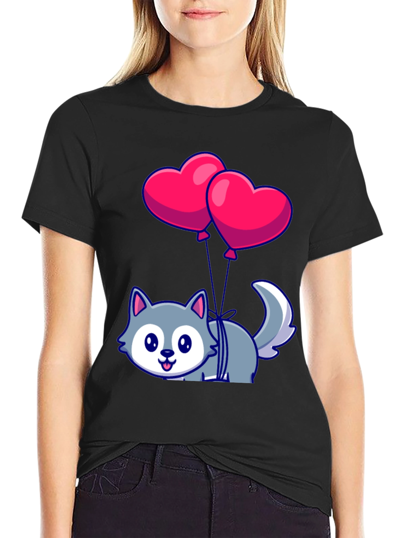 Cute Wolf with Heart Balloons Graphic Tee