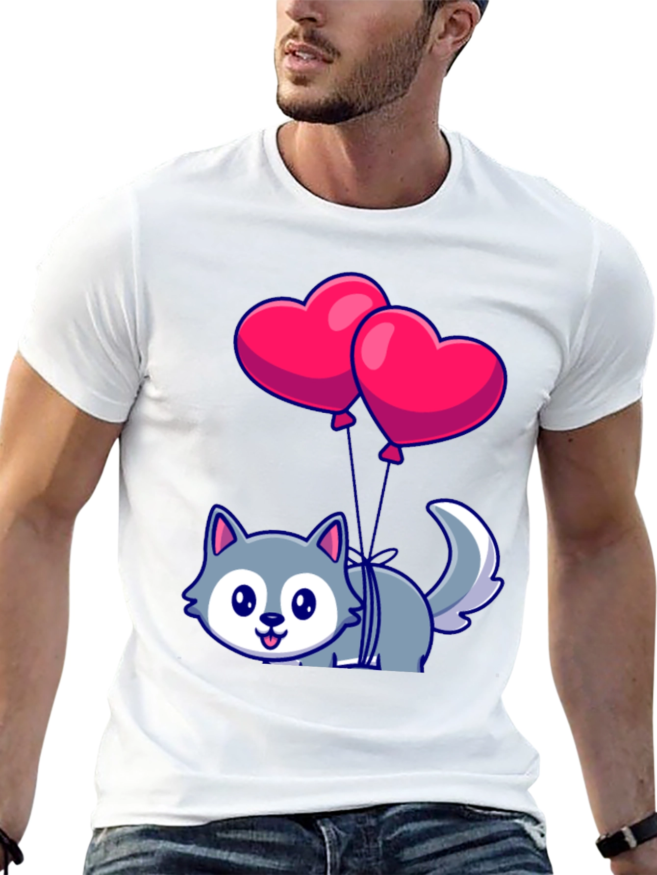 Cute Wolf with Heart Balloons Graphic Tee