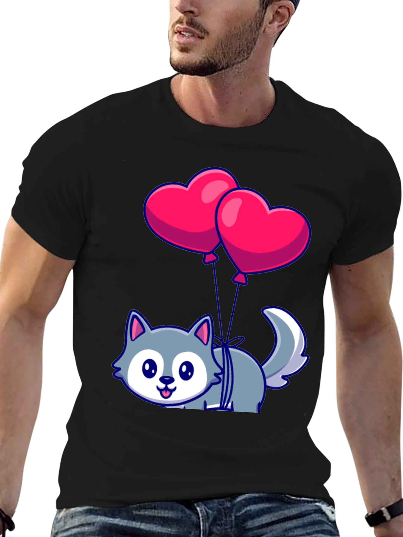 Cute Wolf with Heart Balloons Graphic Tee