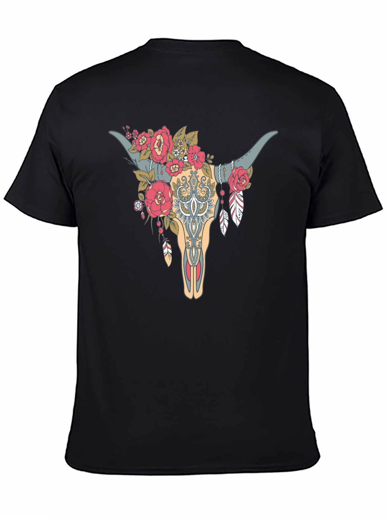 Floral Bull Skull Graphic Tee - Western Style