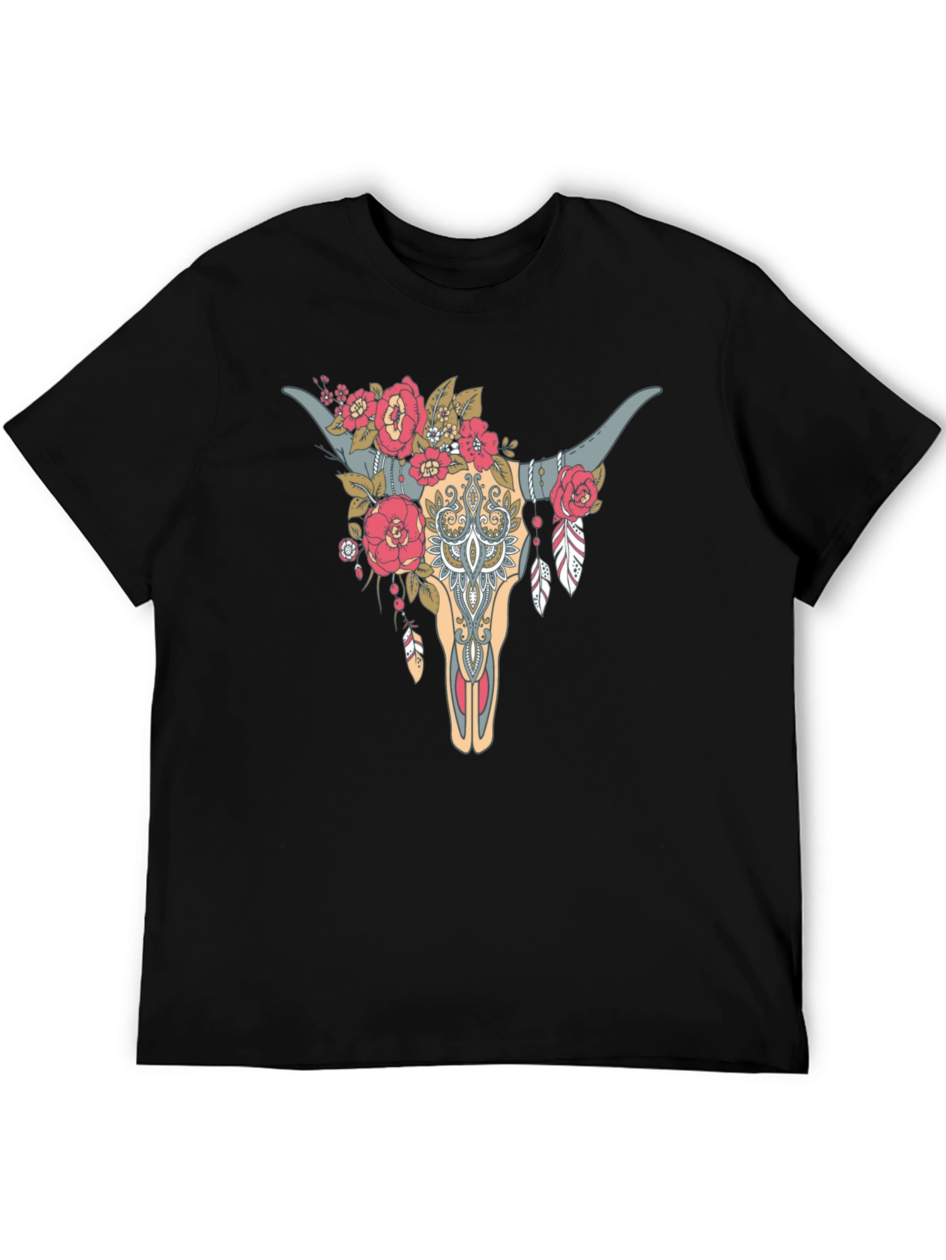 Floral Bull Skull Graphic Tee - Western Style