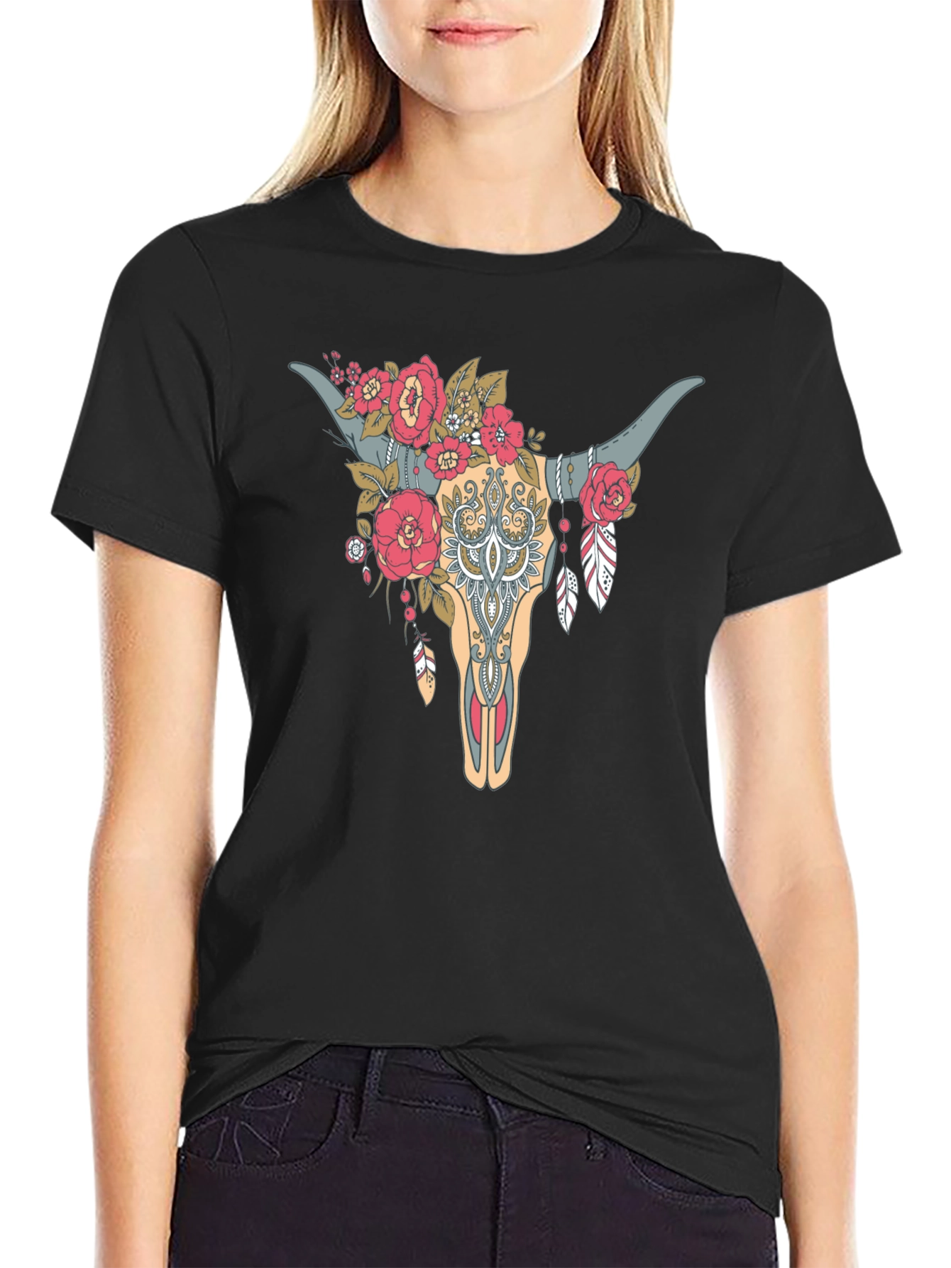 Floral Bull Skull Graphic Tee - Western Style