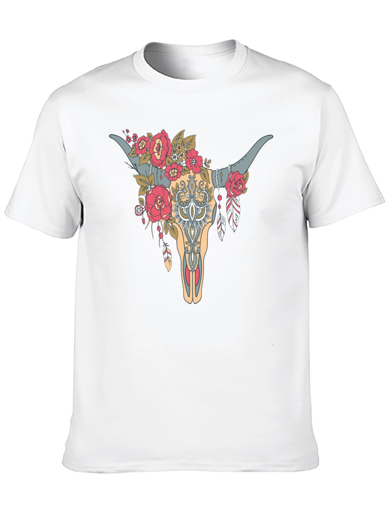Floral Bull Skull Graphic Tee - Western Style