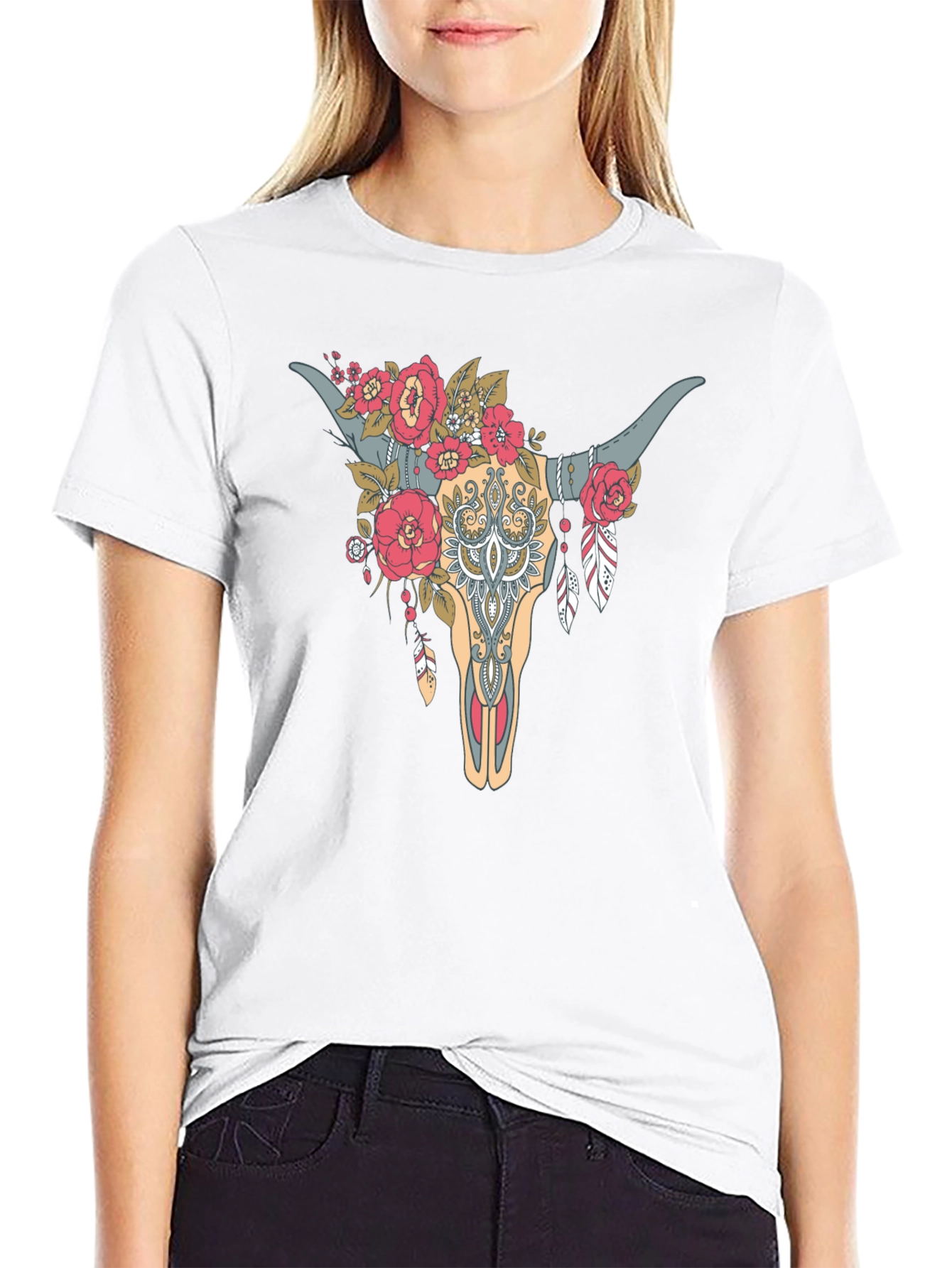 Floral Bull Skull Graphic Tee - Western Style