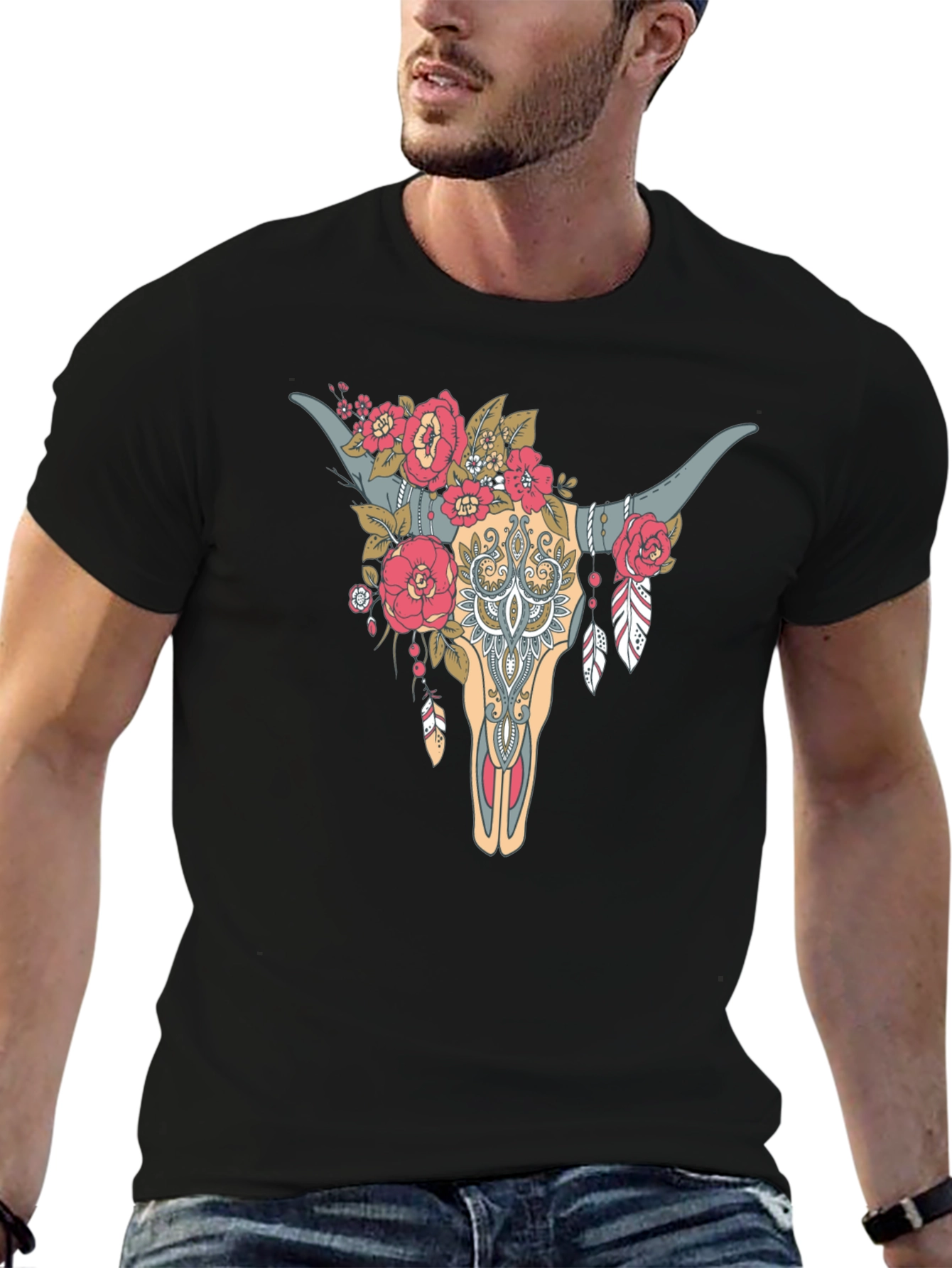 Floral Bull Skull Graphic Tee - Western Style