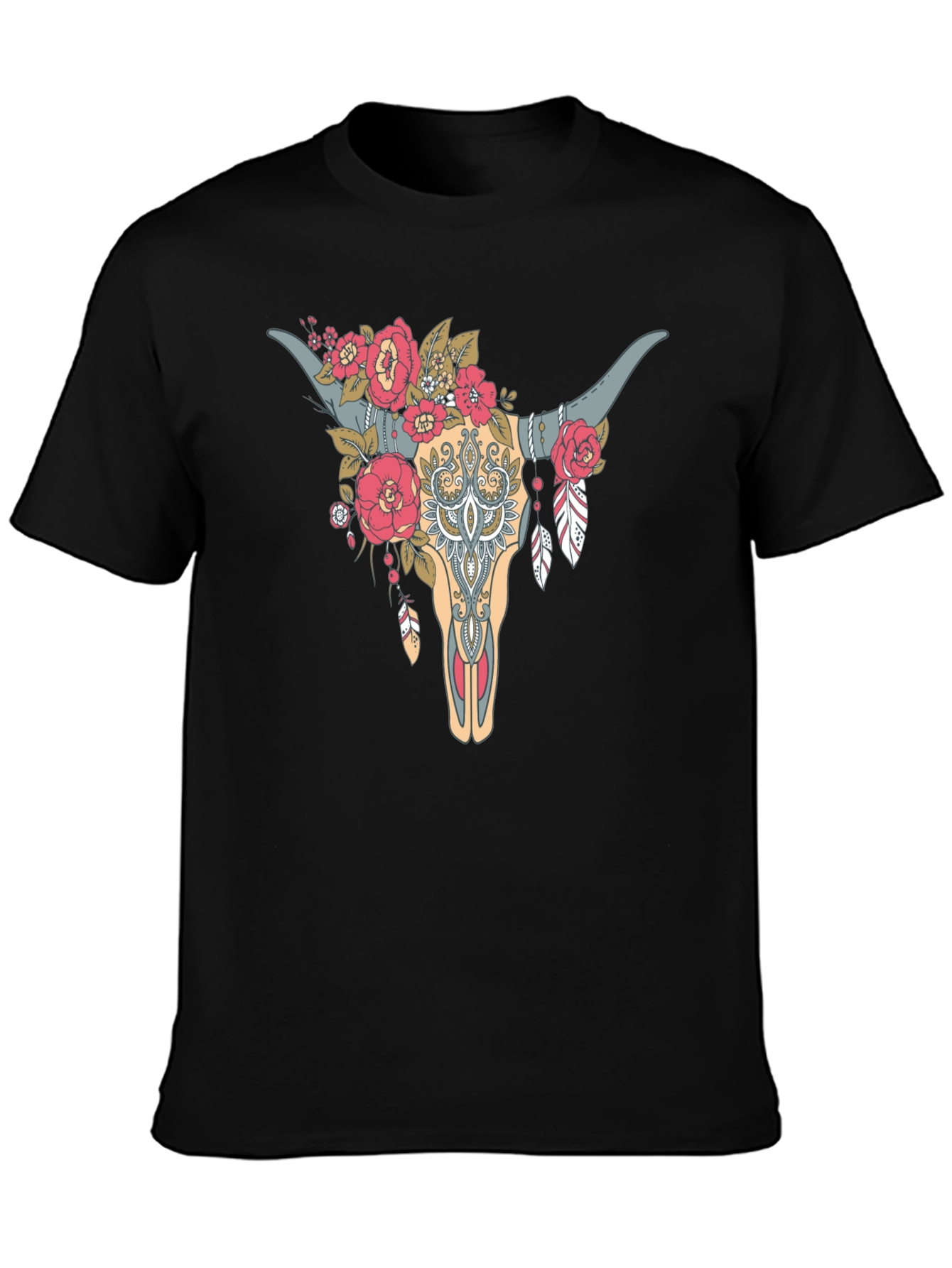 Floral Bull Skull Graphic Tee - Western Style