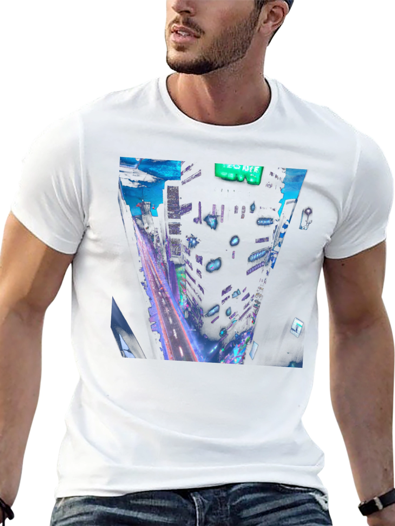 Cyberpunk Cityscape Graphic Tee - Black Cotton