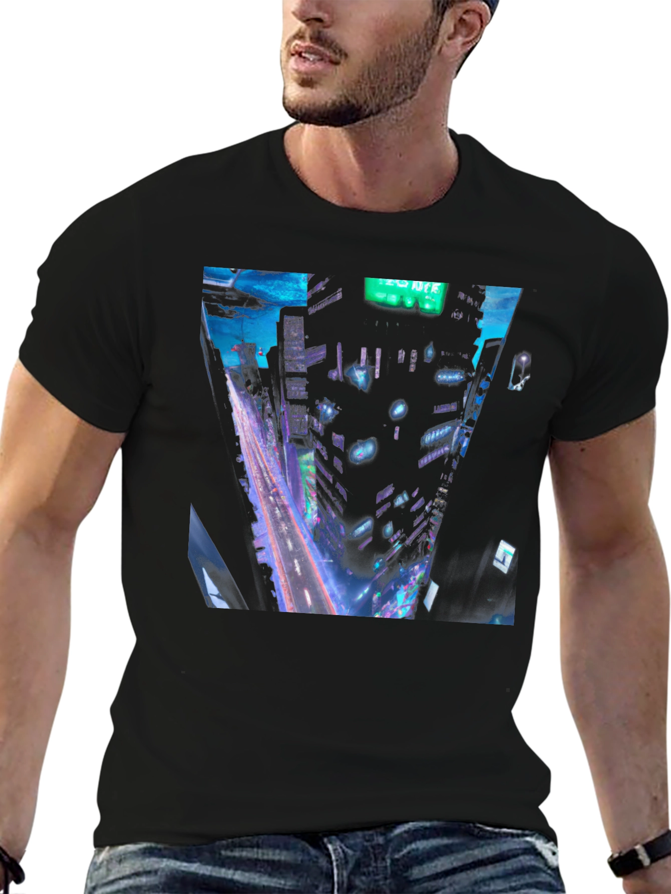 Cyberpunk Cityscape Graphic Tee - Black Cotton