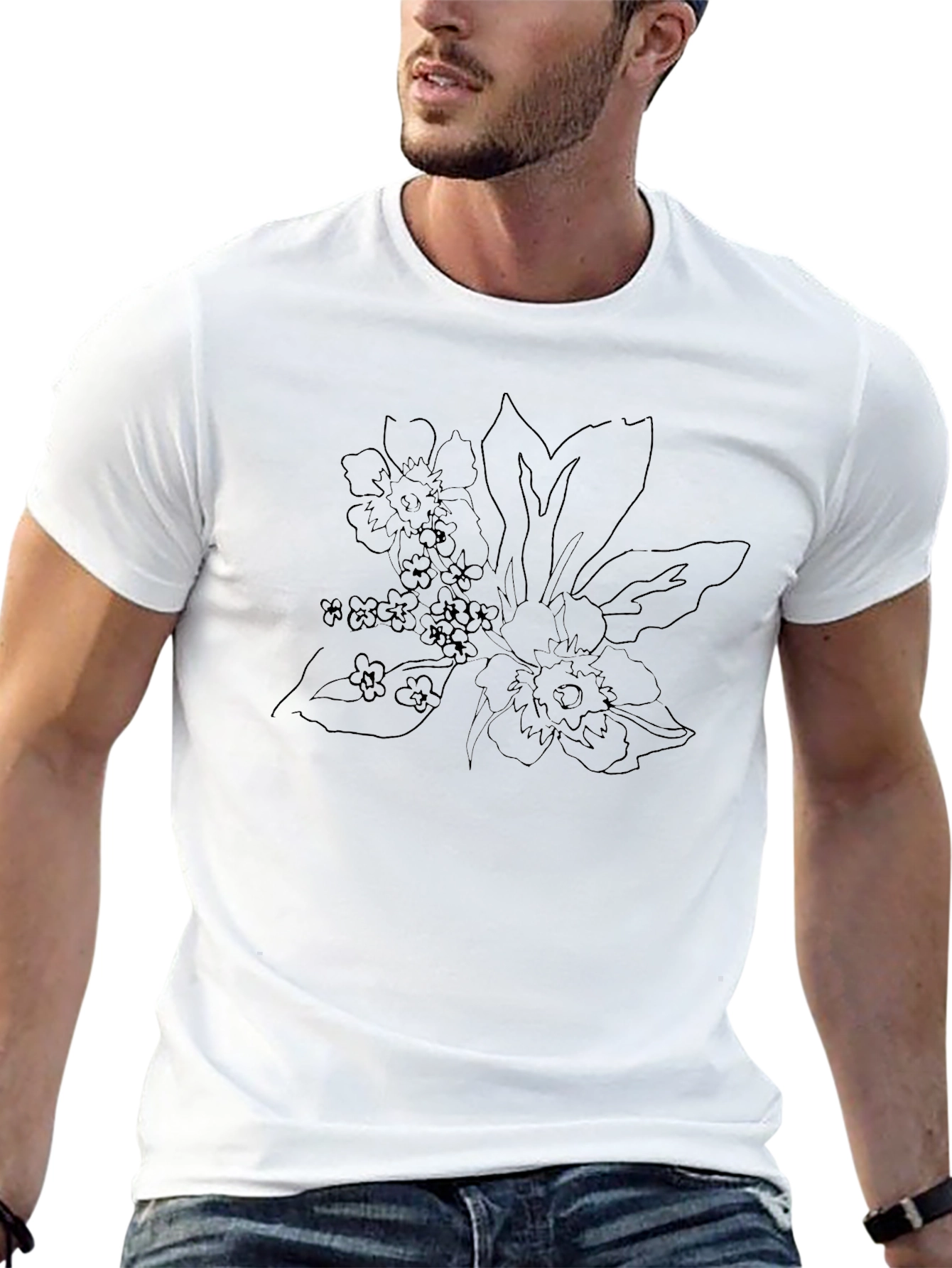 Floral Outline Graphic Print Black T-Shirt