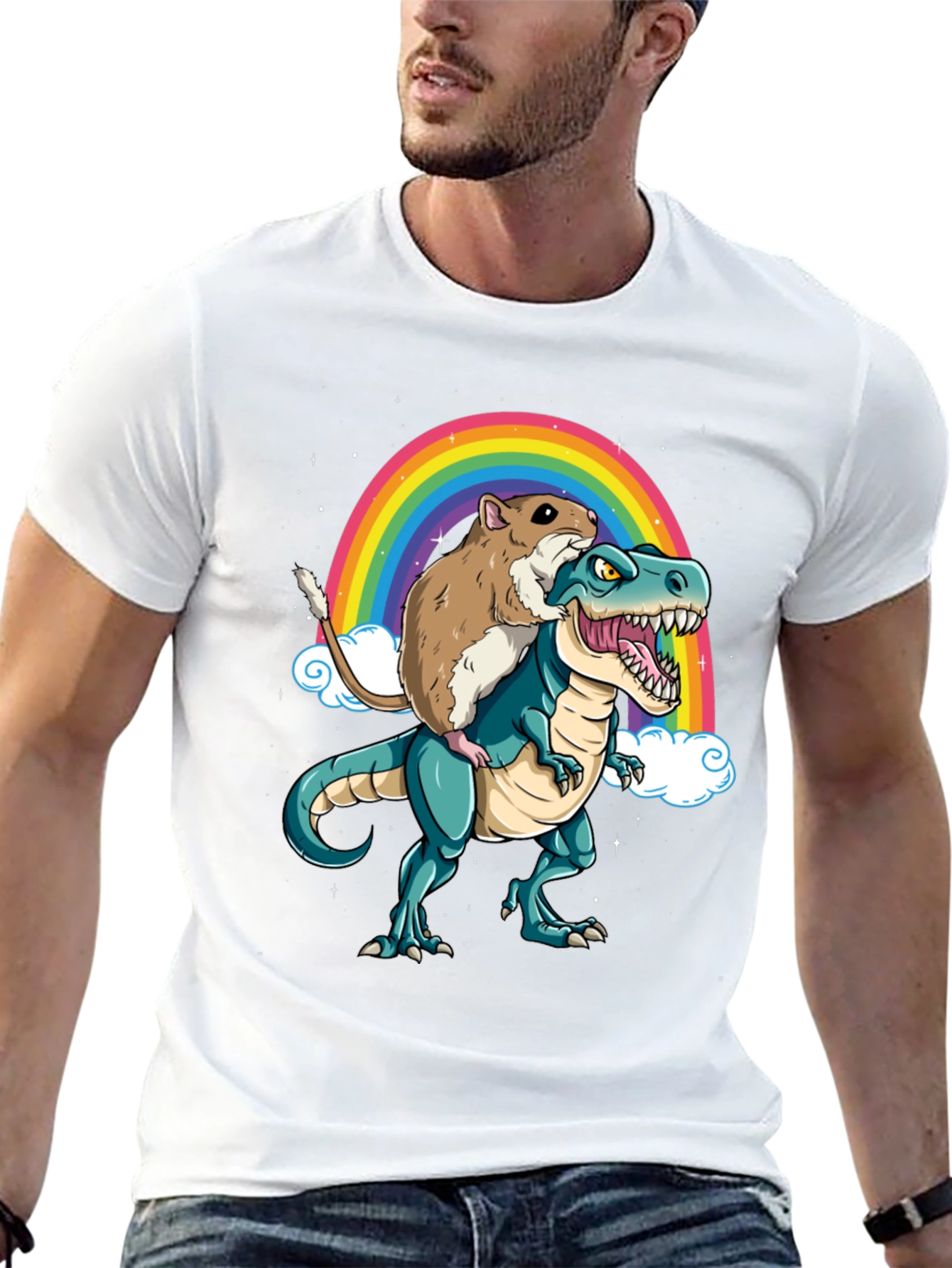 Hamster Riding Dinosaur Rainbow T-Shirt