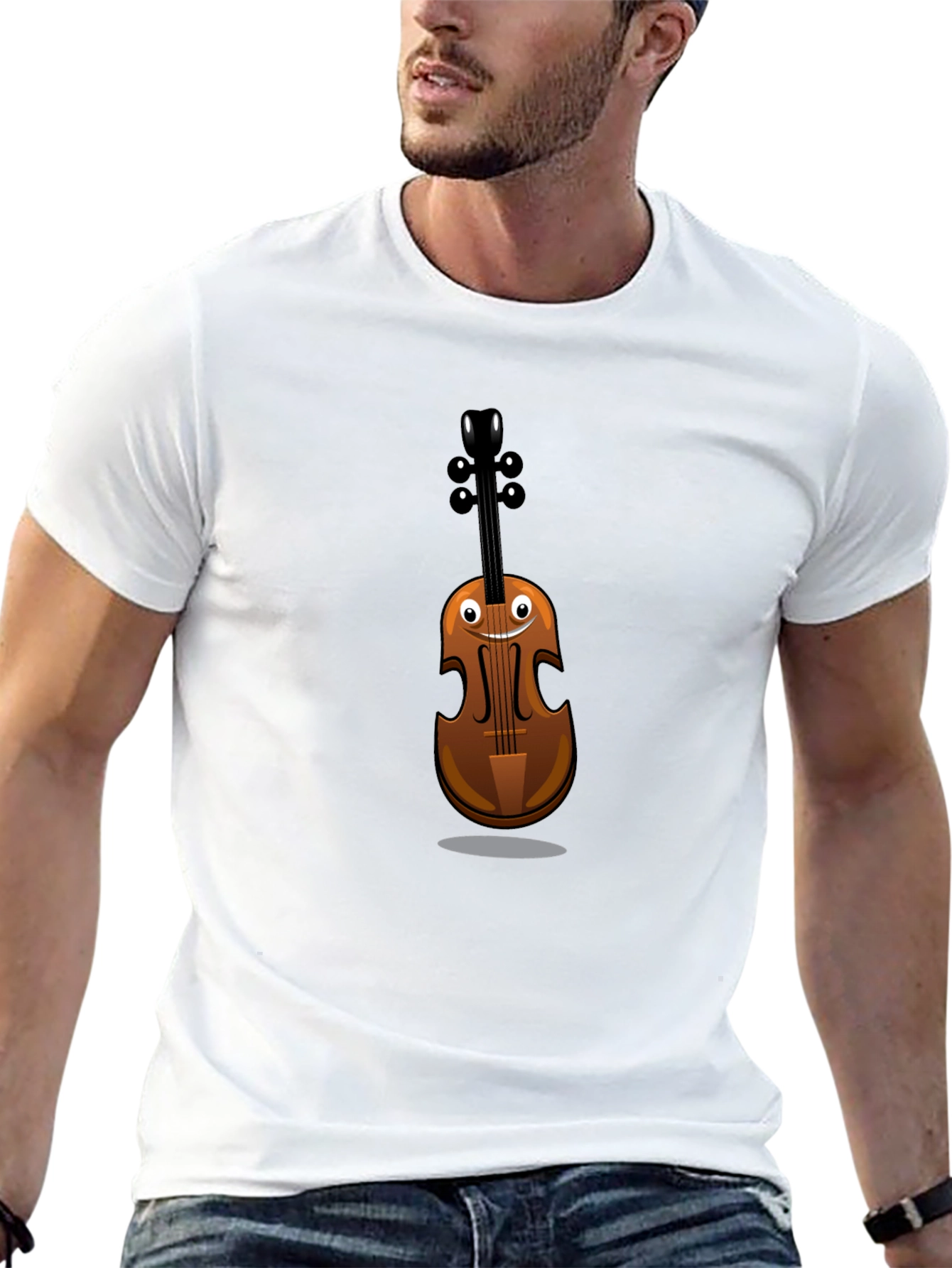 Funny Cartoon Violin Graphic Tee - Black Cotton Shirt