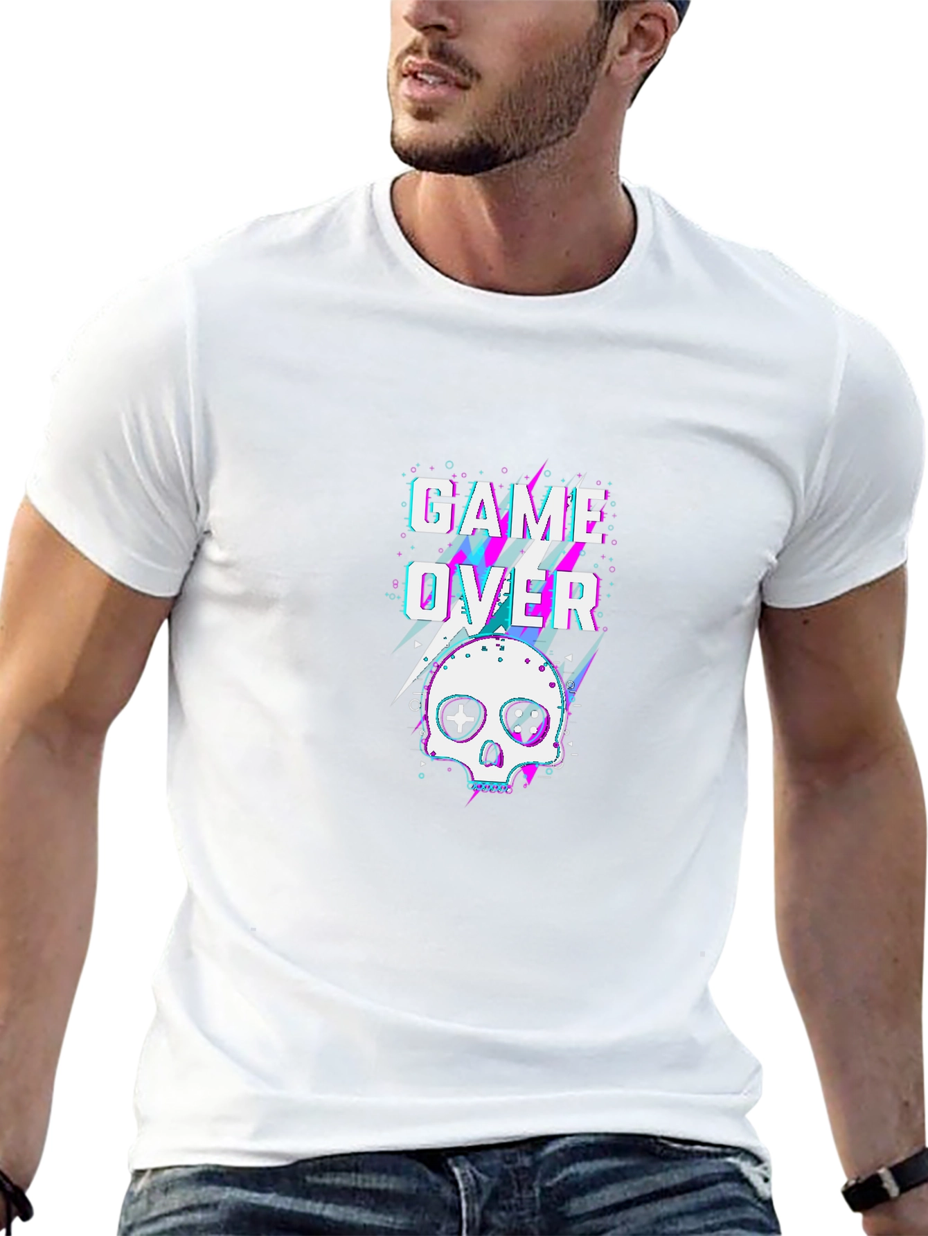 Game Over Skull Graphic Tee - Black Cotton T-Shirt
