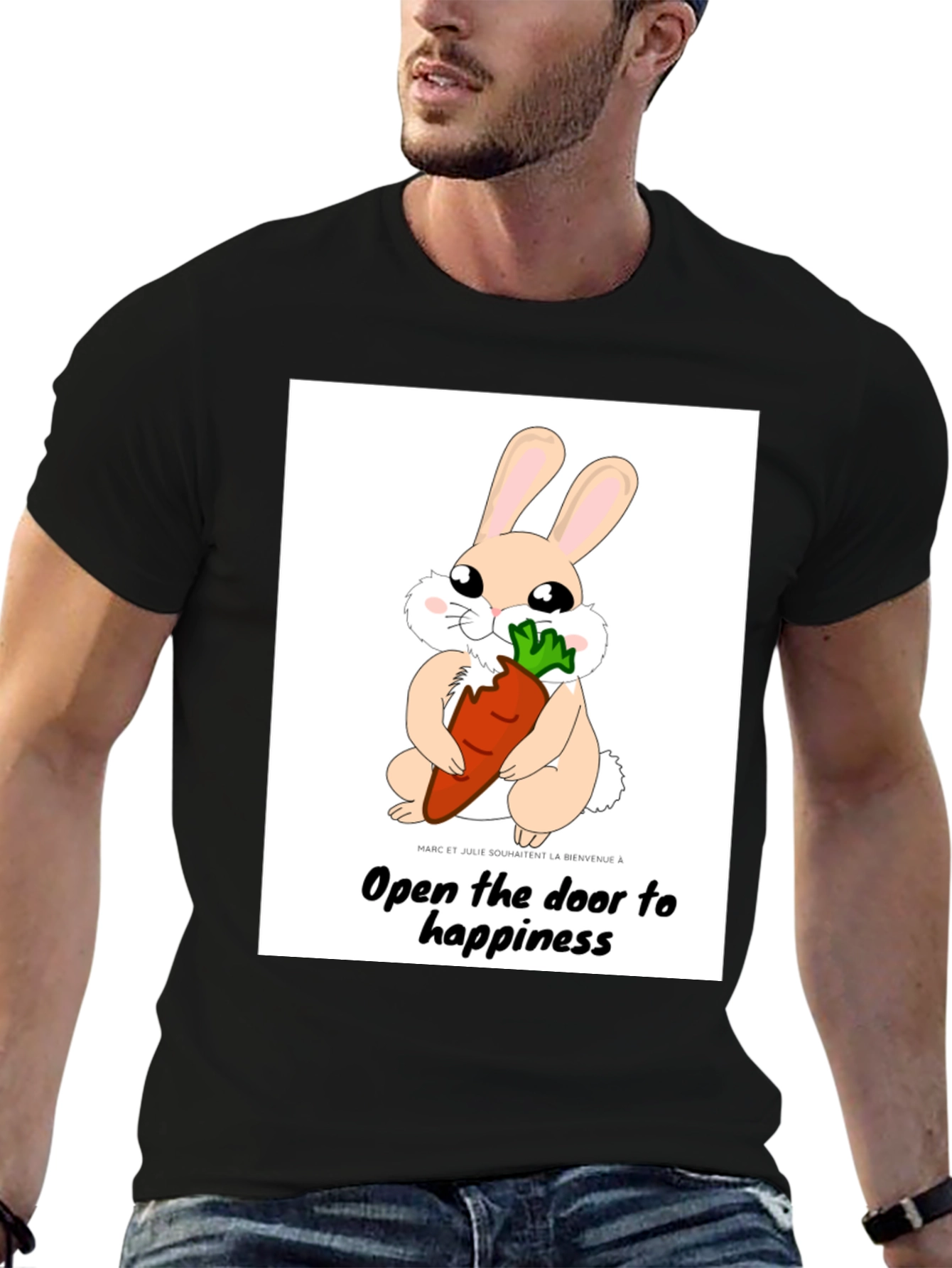 Cute Bunny Carrot Graphic Black T-Shirt