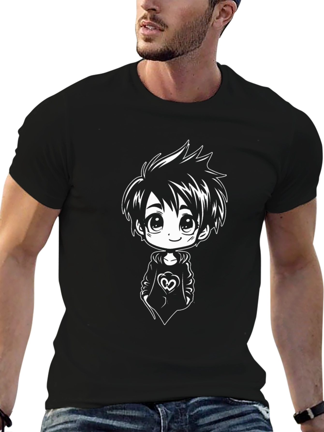 Anime Boy Graphic Tee - Black Cotton Blend Shirt