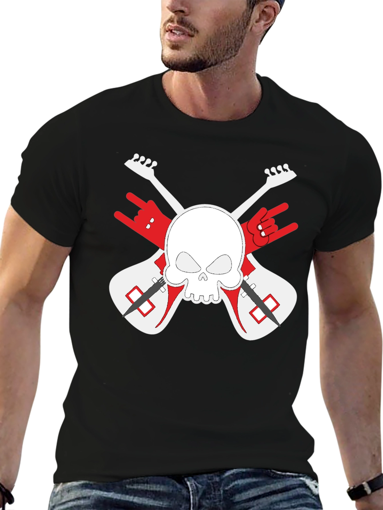 Rock On! Skull & Guitars Black Graphic T-Shirt
