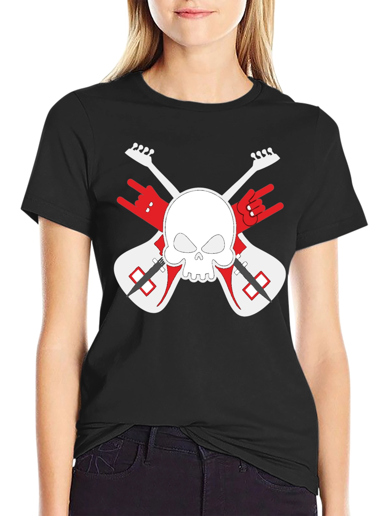 Rock On! Skull & Guitars Black Graphic T-Shirt