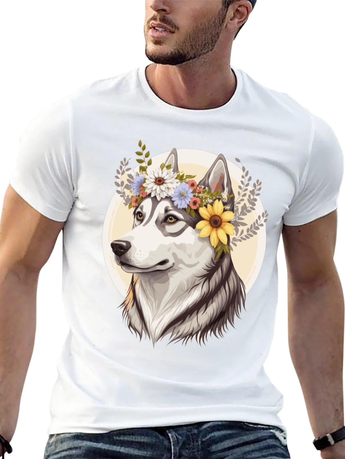 Floral Husky Graphic Tee - Unisex Black T-Shirt