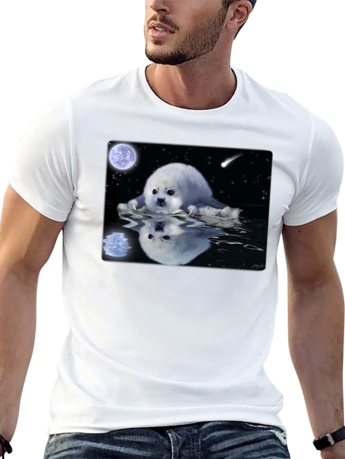 Seal Moon Reflection Graphic Tee - Black Cotton T-Shirt