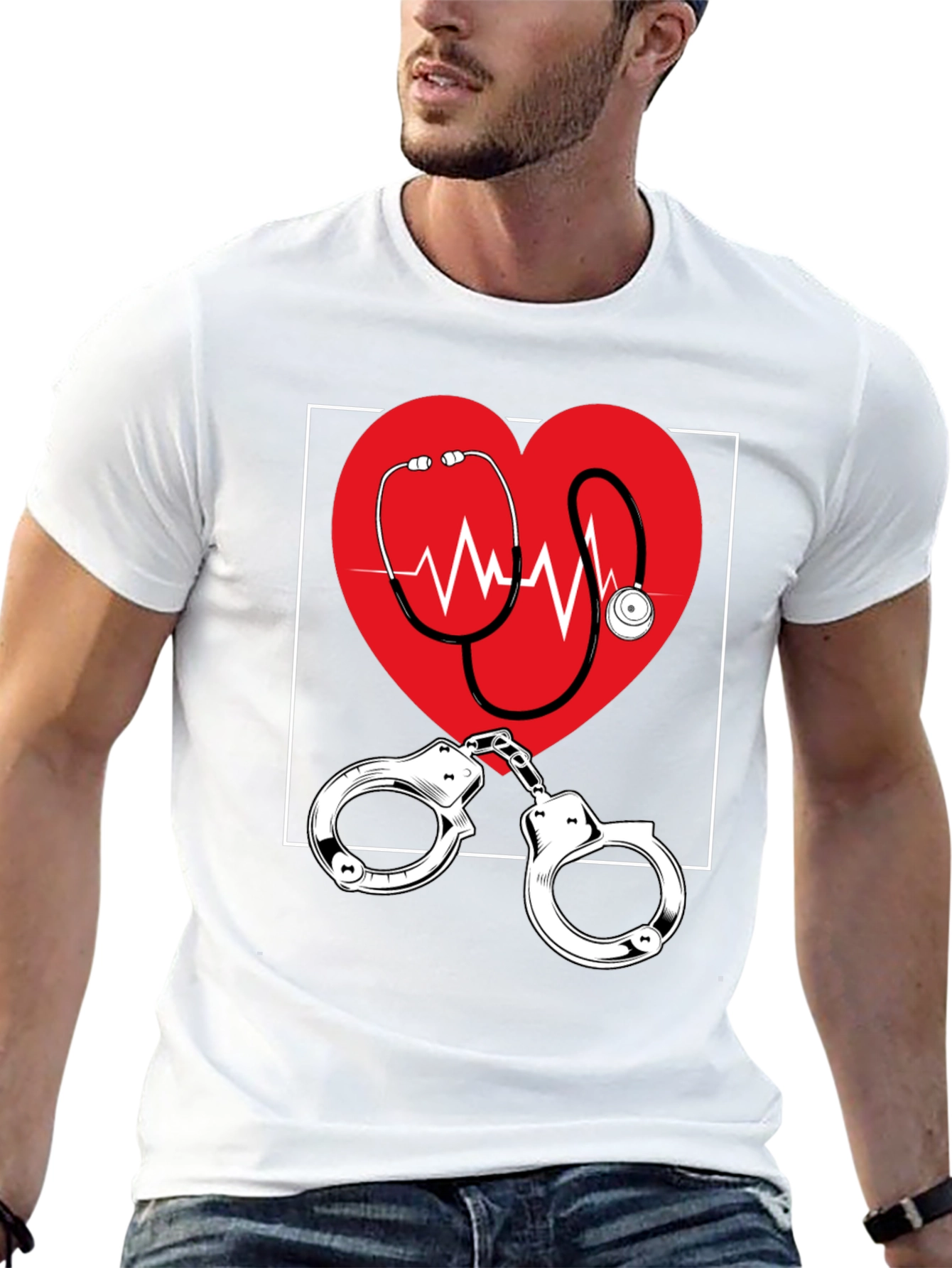 Medical Love T-Shirt - Heartbeat Stethoscope & Handcuffs Design
