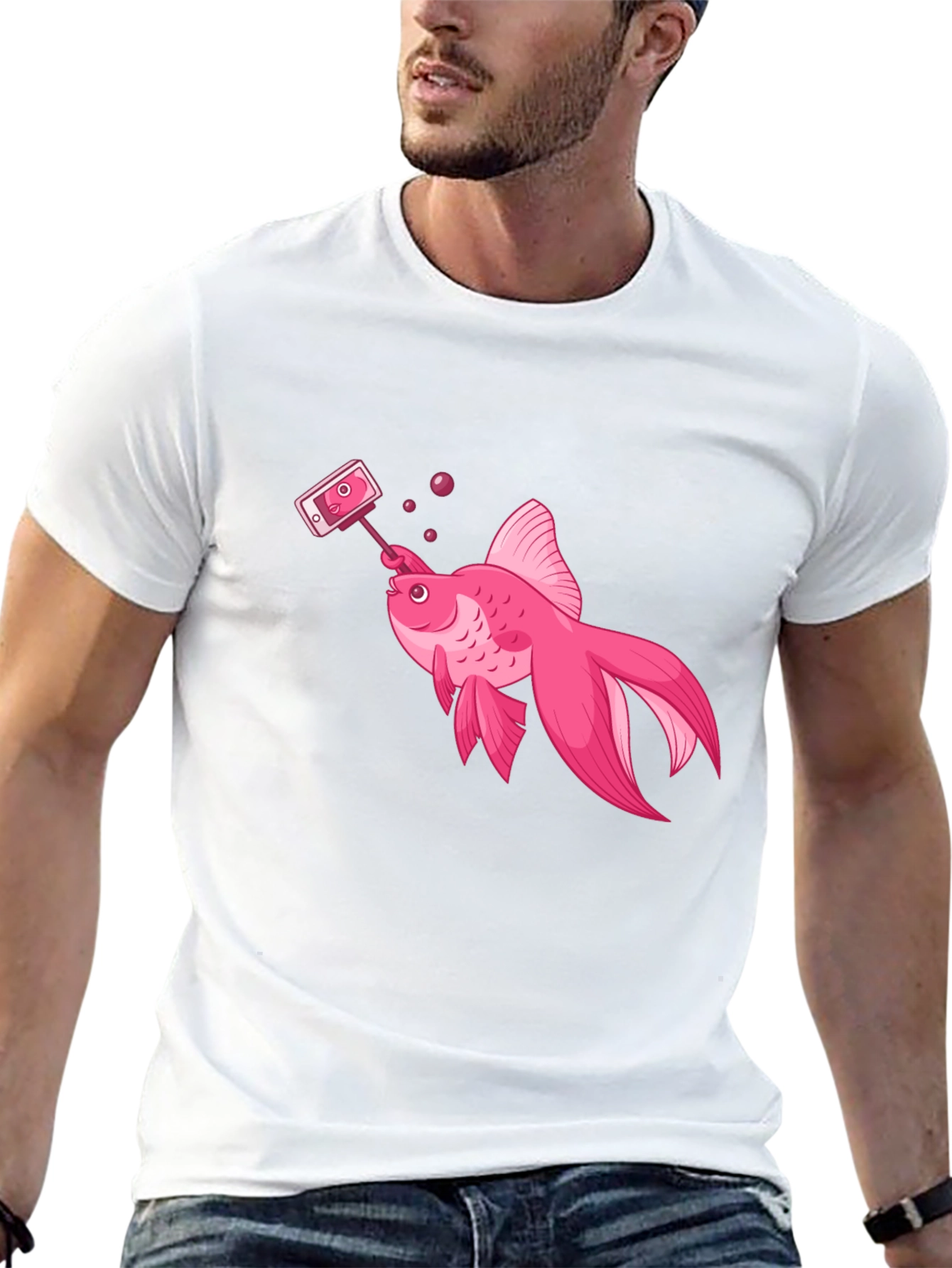 Pink Goldfish Taking Selfie Black T-Shirt